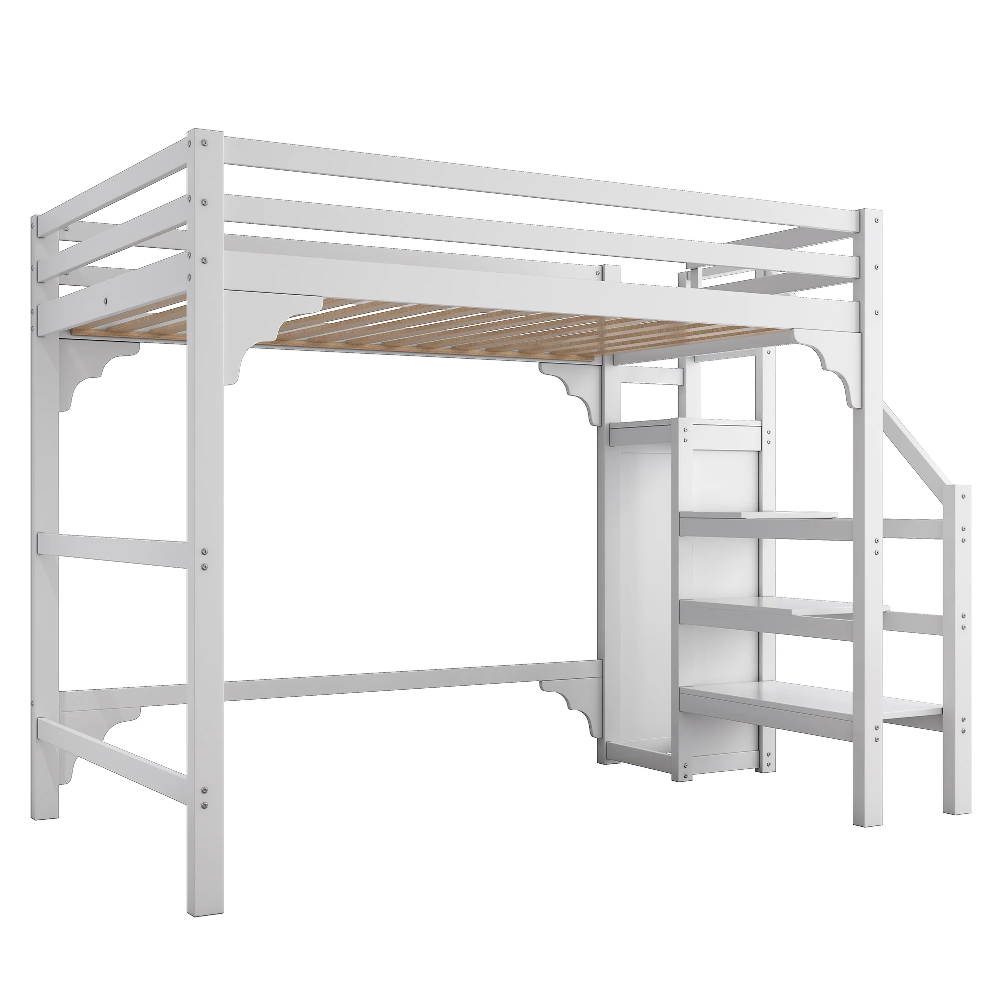Loft Bed 140x200cm Steps Wardrobe Storage - White - Image 10