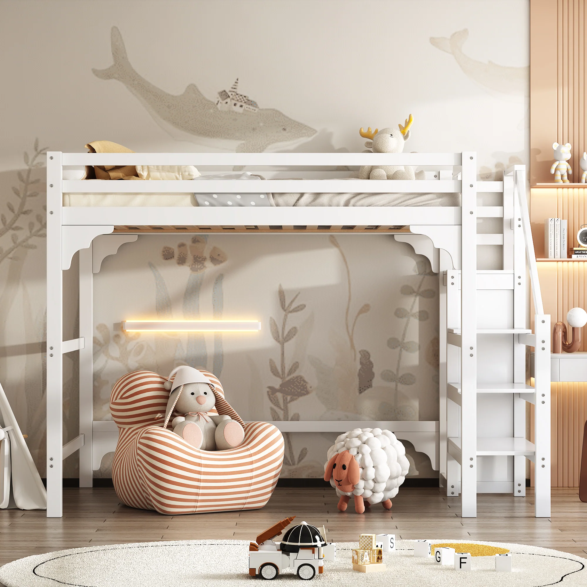 Loft Bed 140x200cm Steps Wardrobe Storage - White - Image 3