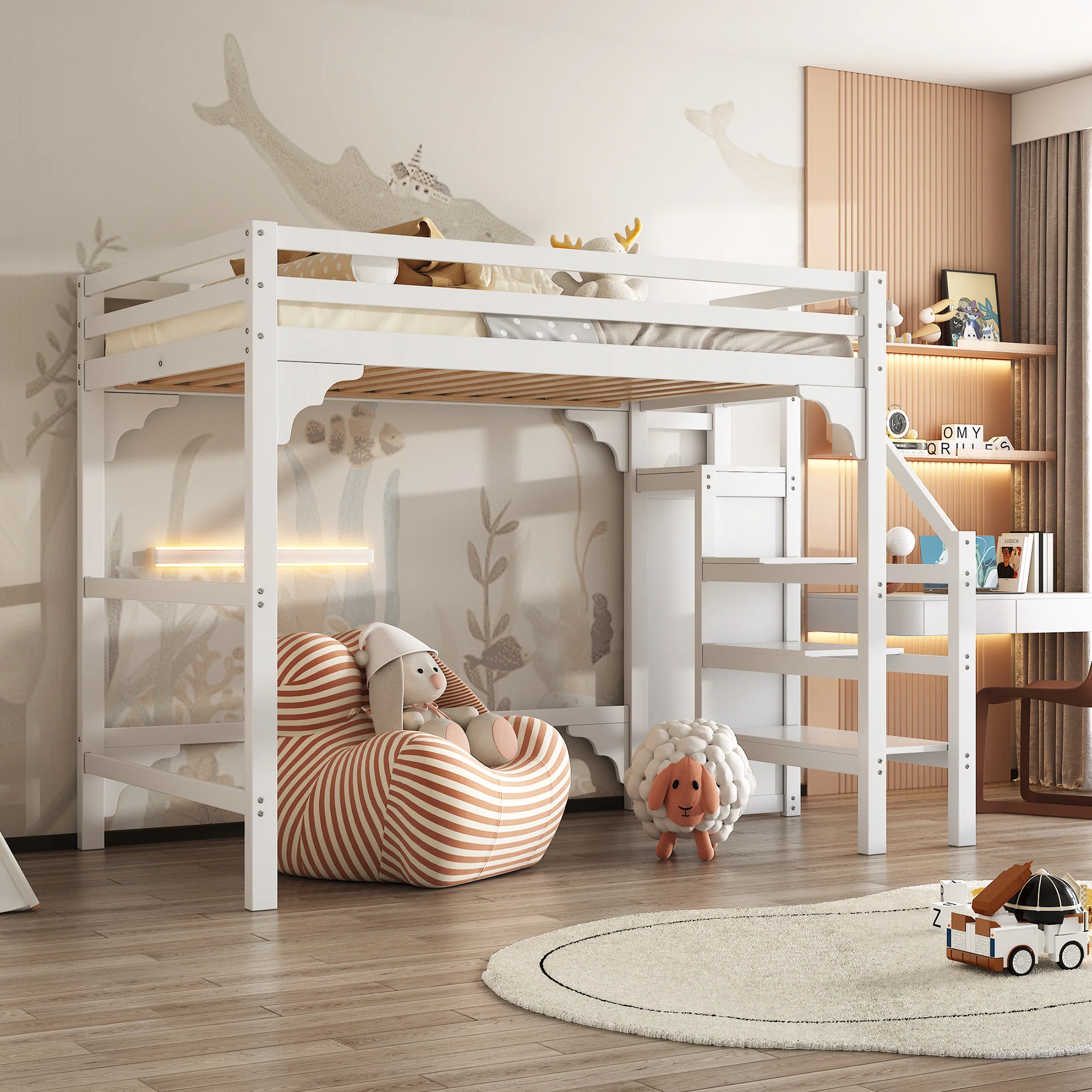 Loft Bed 140x200cm Steps Wardrobe Storage - White - Image 4