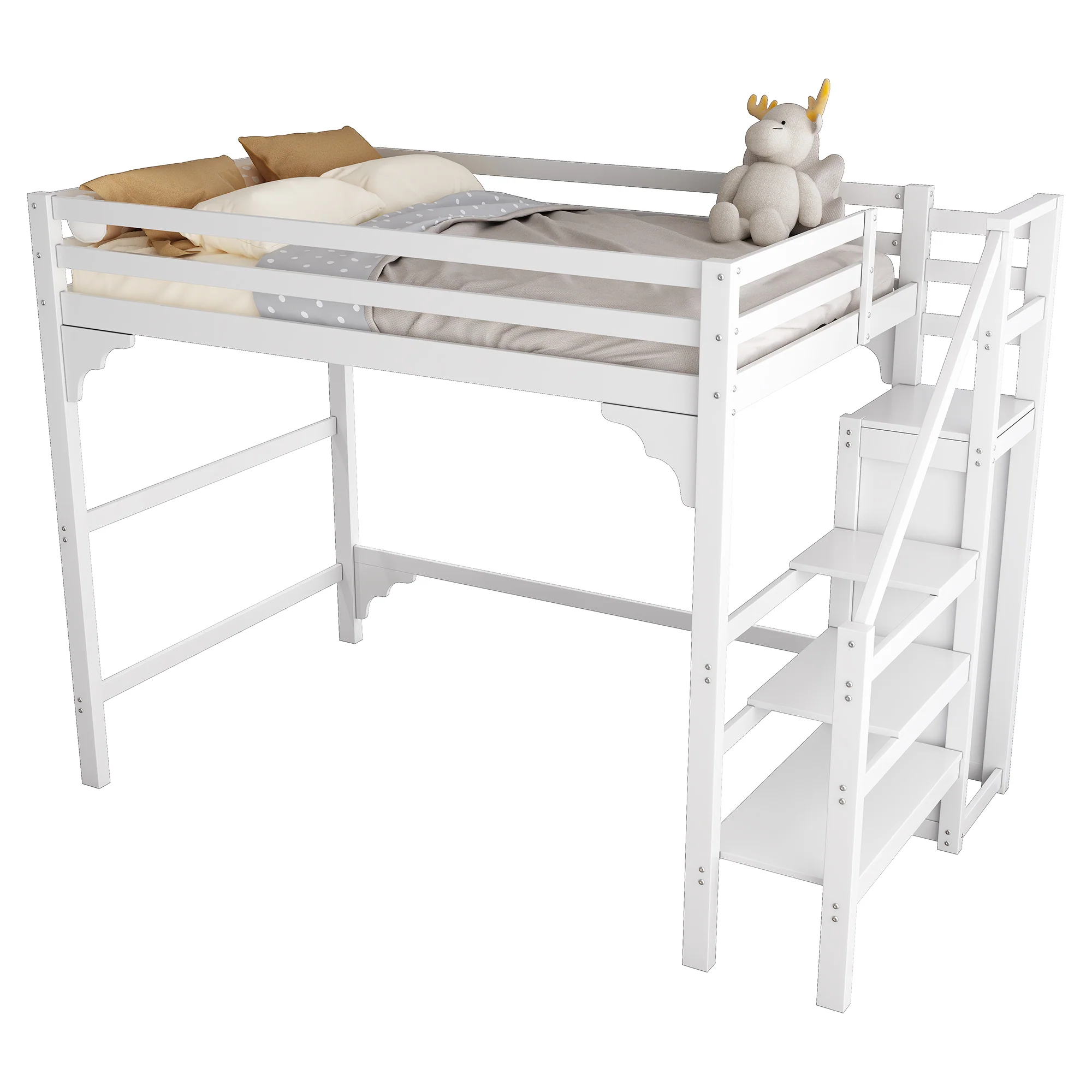 Loft Bed 140x200cm Steps Wardrobe Storage - White - Image 5