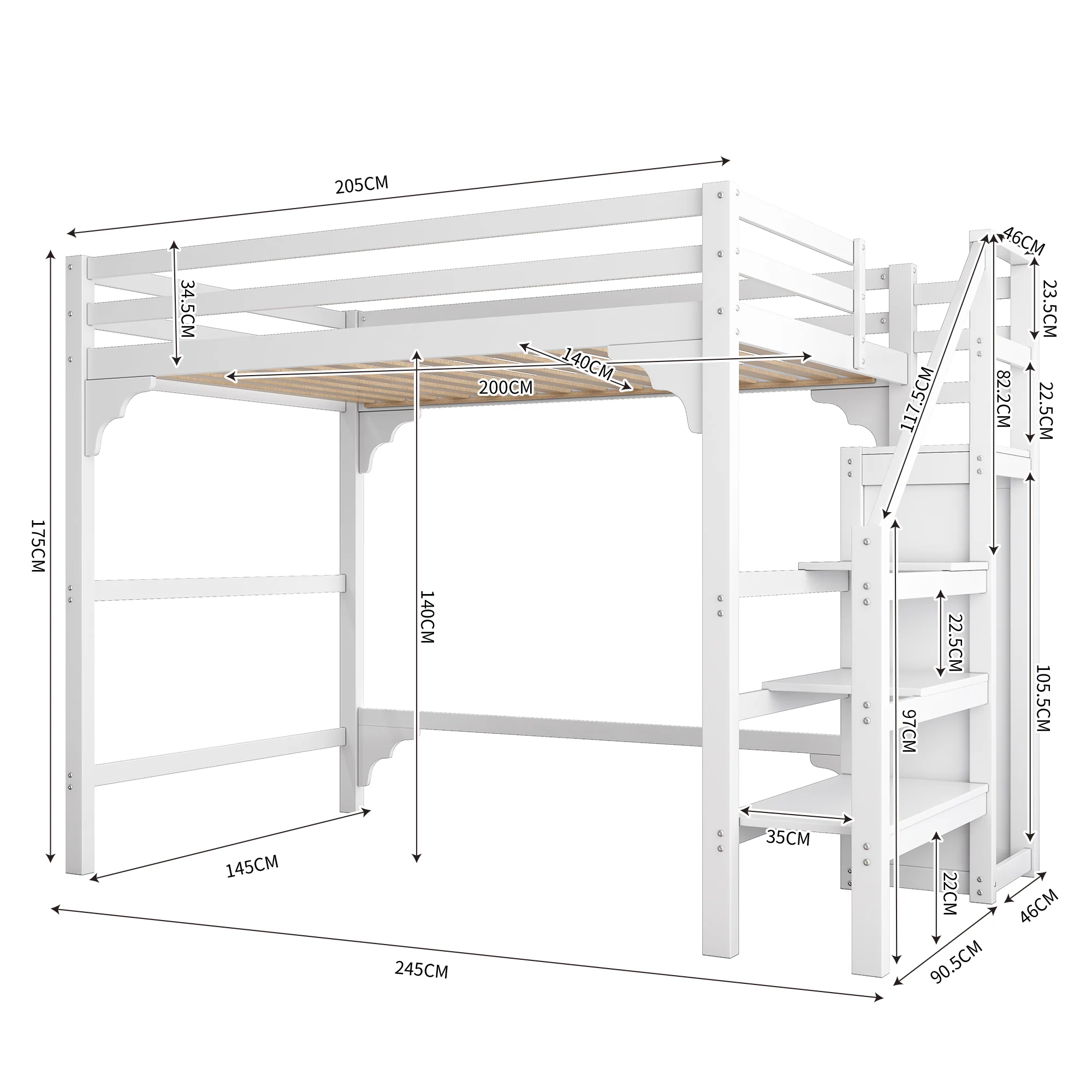 Loft Bed 140x200cm Steps Wardrobe Storage - White - Image 6