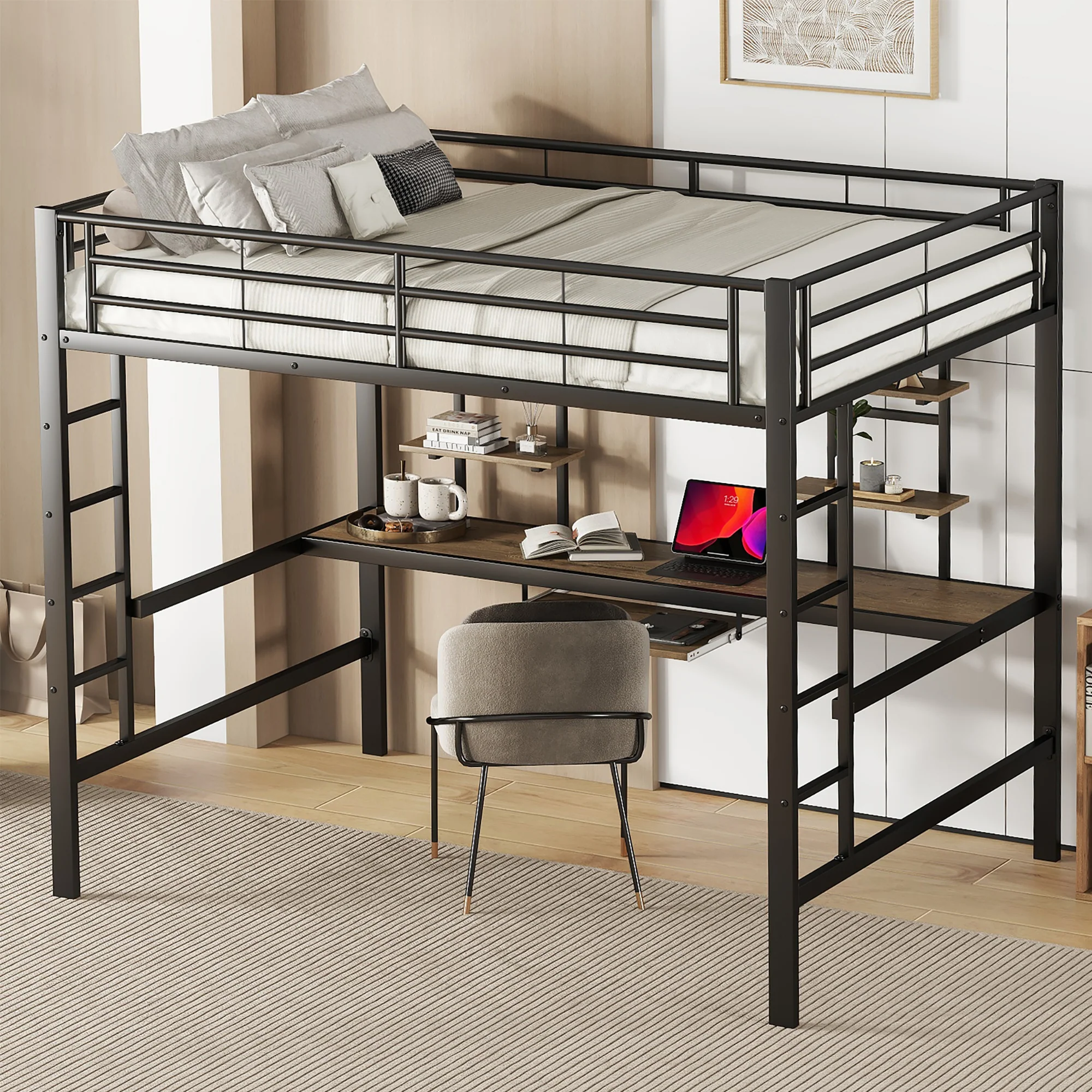 Loft Bed 140x200cm with Desk & 2 Bookshelves - Black Metal - Image 2