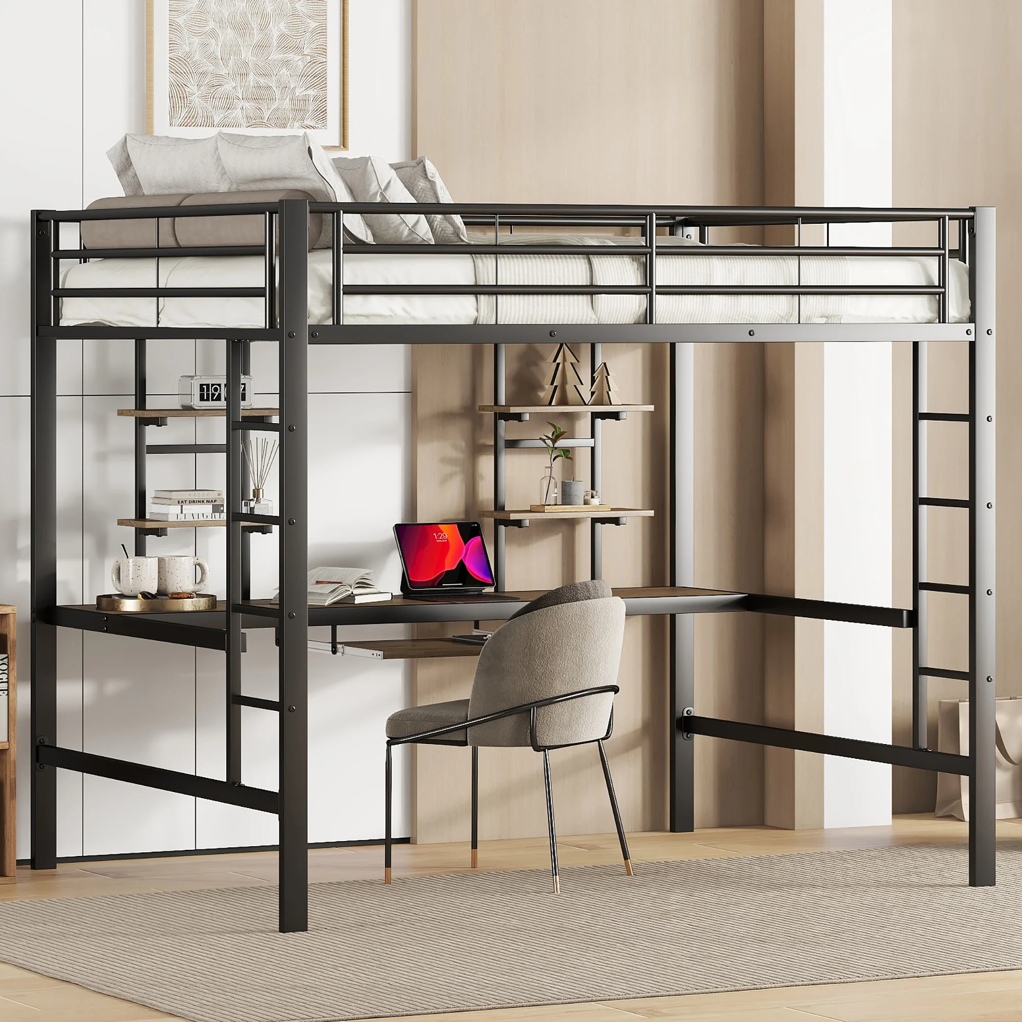 Loft Bed 140x200cm with Desk & 2 Bookshelves - Black Metal - Image 3