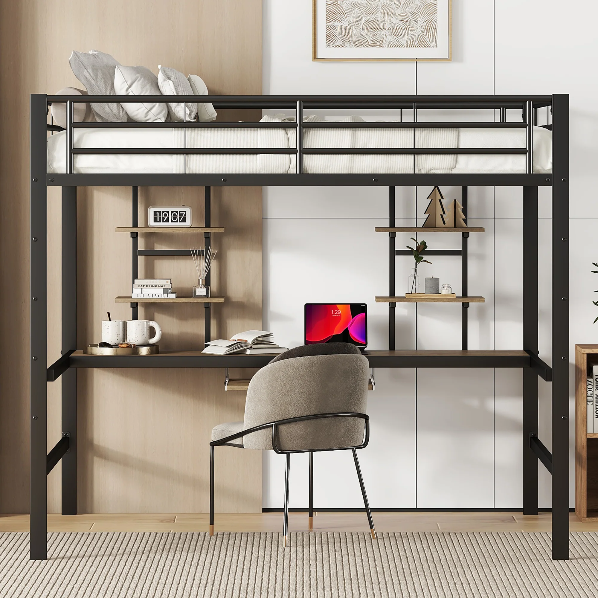 Loft Bed 140x200cm with Desk & 2 Bookshelves - Black Metal - Image 4