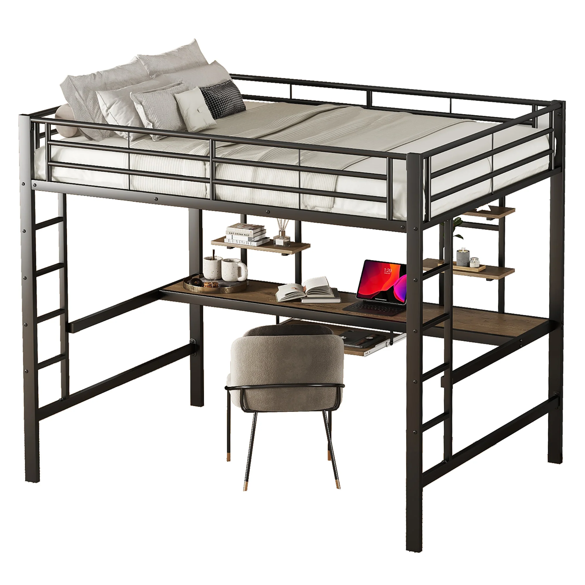 Loft Bed 140x200cm with Desk & 2 Bookshelves - Black Metal - Image 5