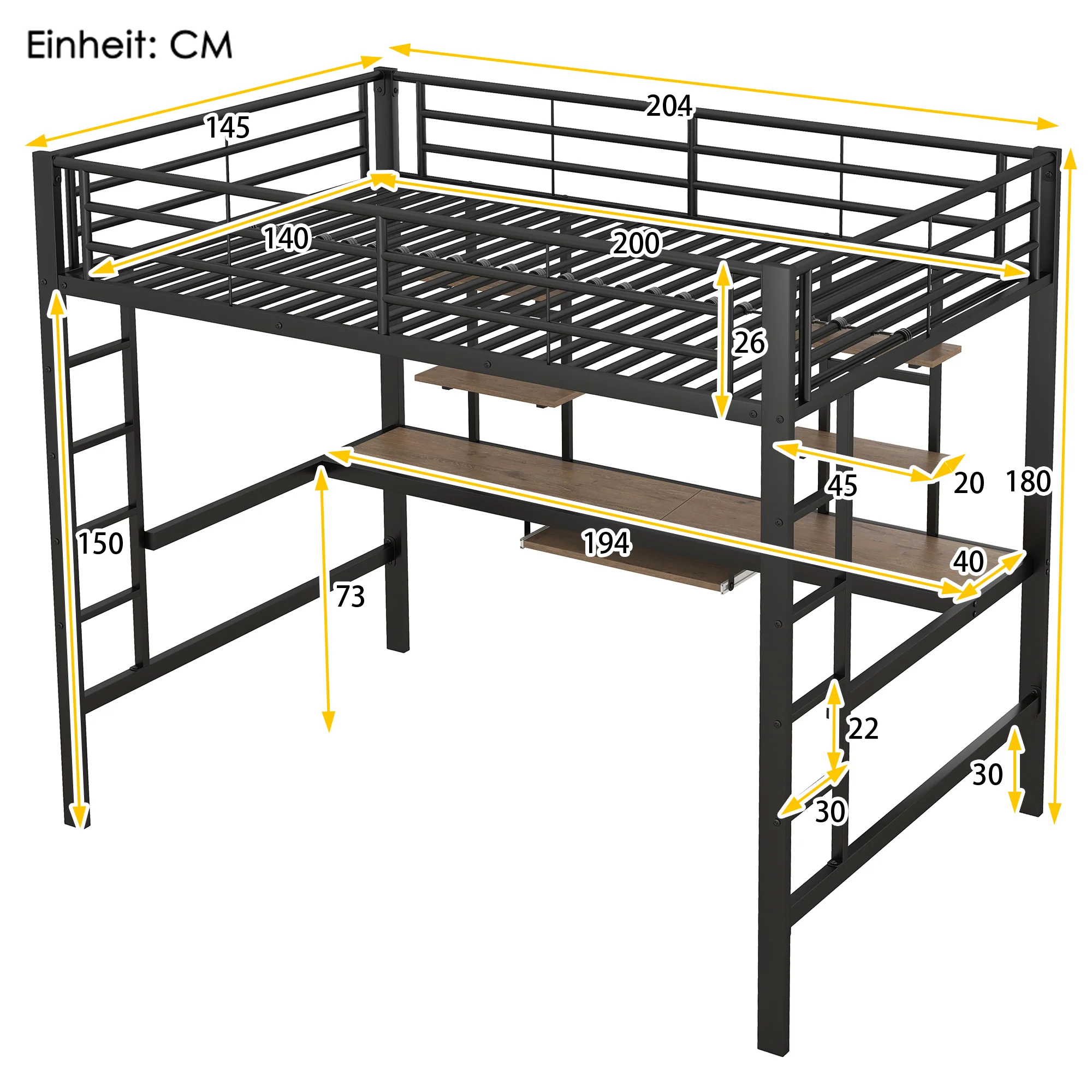 Loft Bed 140x200cm with Desk & 2 Bookshelves - Black Metal - Image 6
