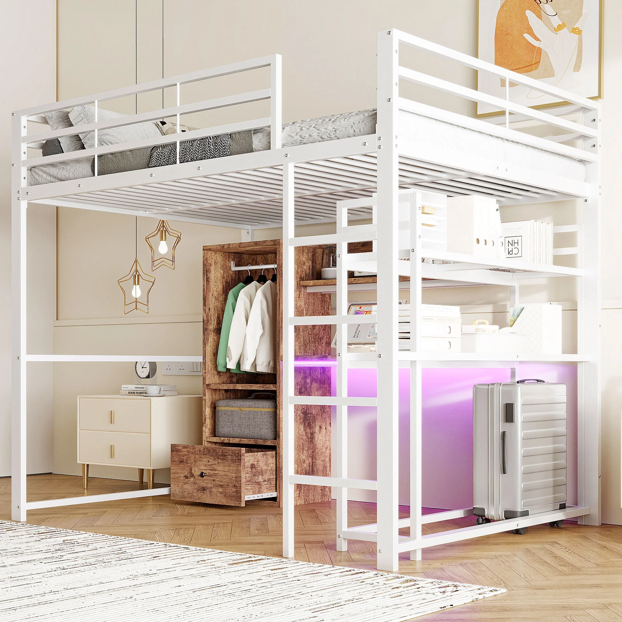 Loft Bed 140x200cm with LED Lights Desk Drawer Shelves Stairs Metal White - Image 4