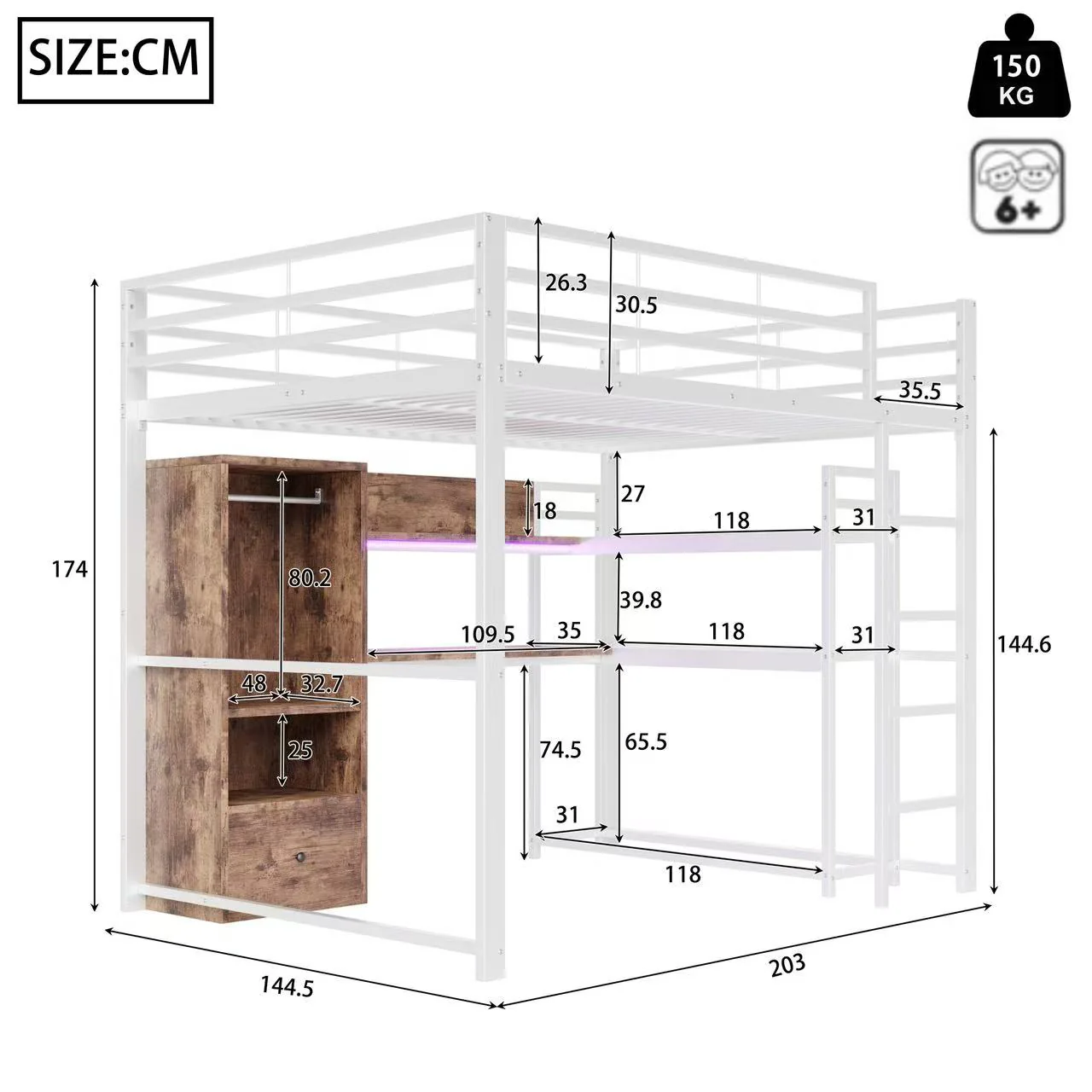 Loft Bed 140x200cm with LED Lights Desk Drawer Shelves Stairs Metal White - Image 5