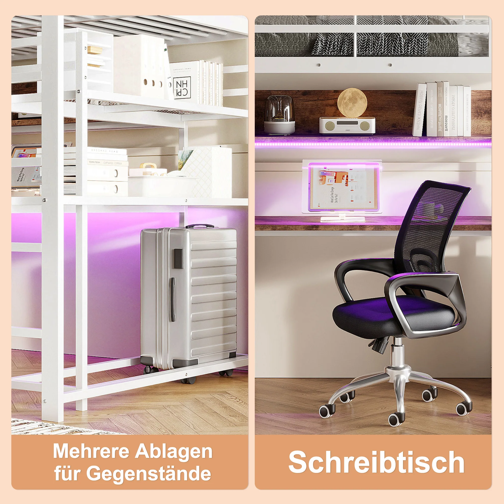 Loft Bed 140x200cm with LED Lights Desk Drawer Shelves Stairs Metal White - Image 7