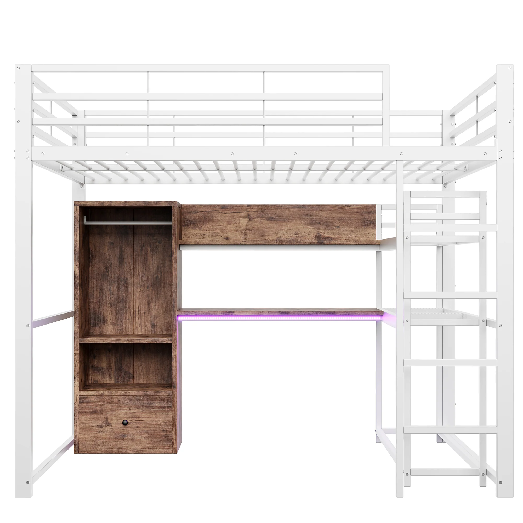 Loft Bed 140x200cm with LED Lights Desk Drawer Shelves Stairs Metal White - Image 9