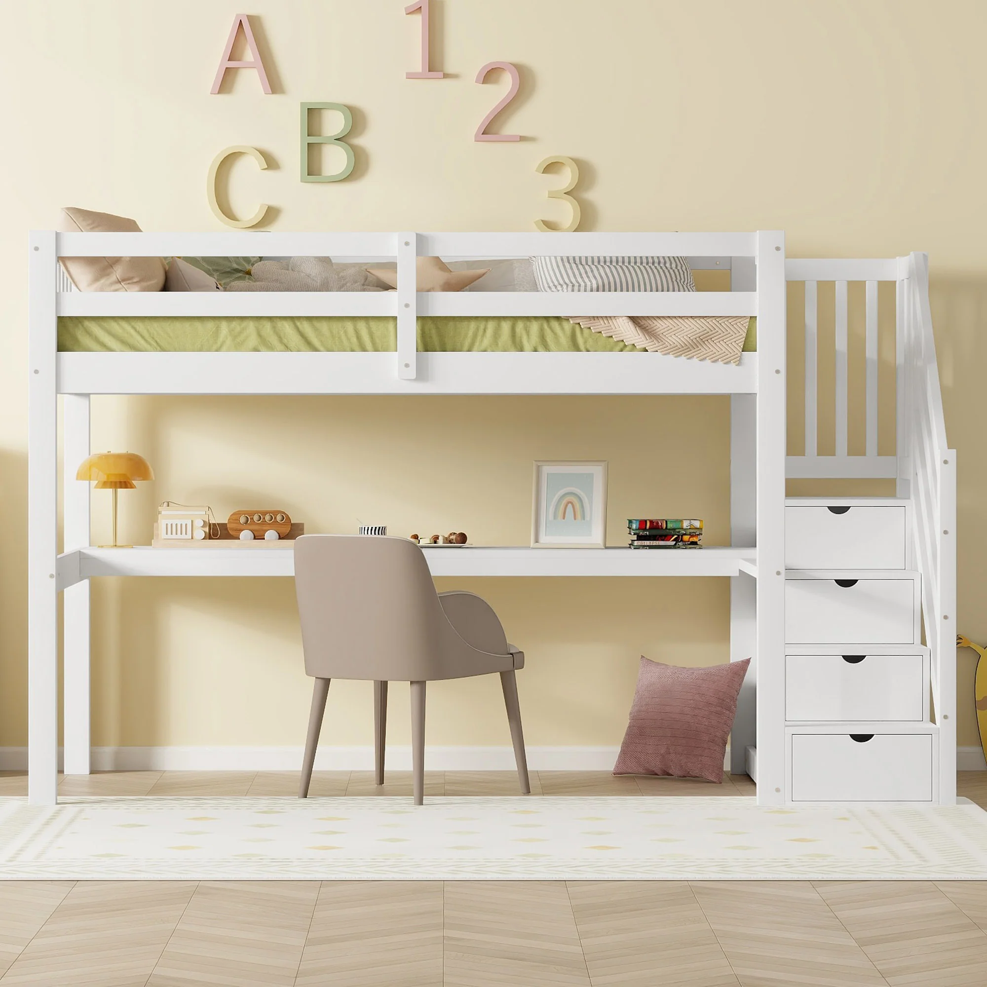 Loft Bed 90x200 Storage Drawers Under-Bed Desk - White - Image 2