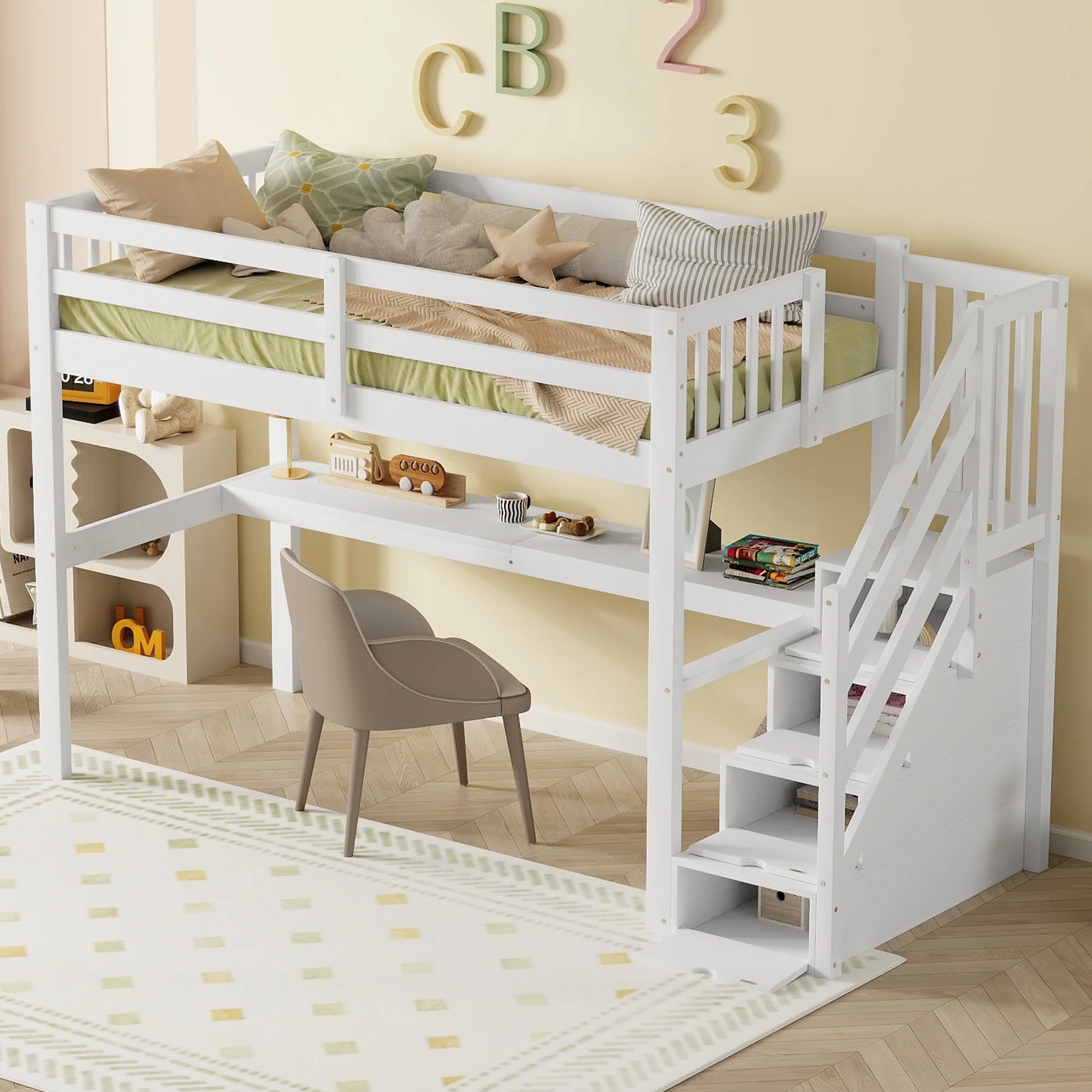 Loft Bed 90x200 Storage Drawers Under-Bed Desk - White - Image 3