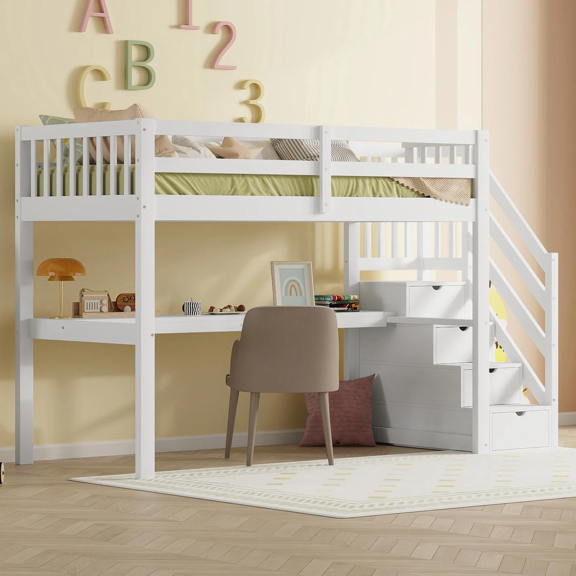 Loft Bed 90x200 Storage Drawers Under-Bed Desk - White - Image 4