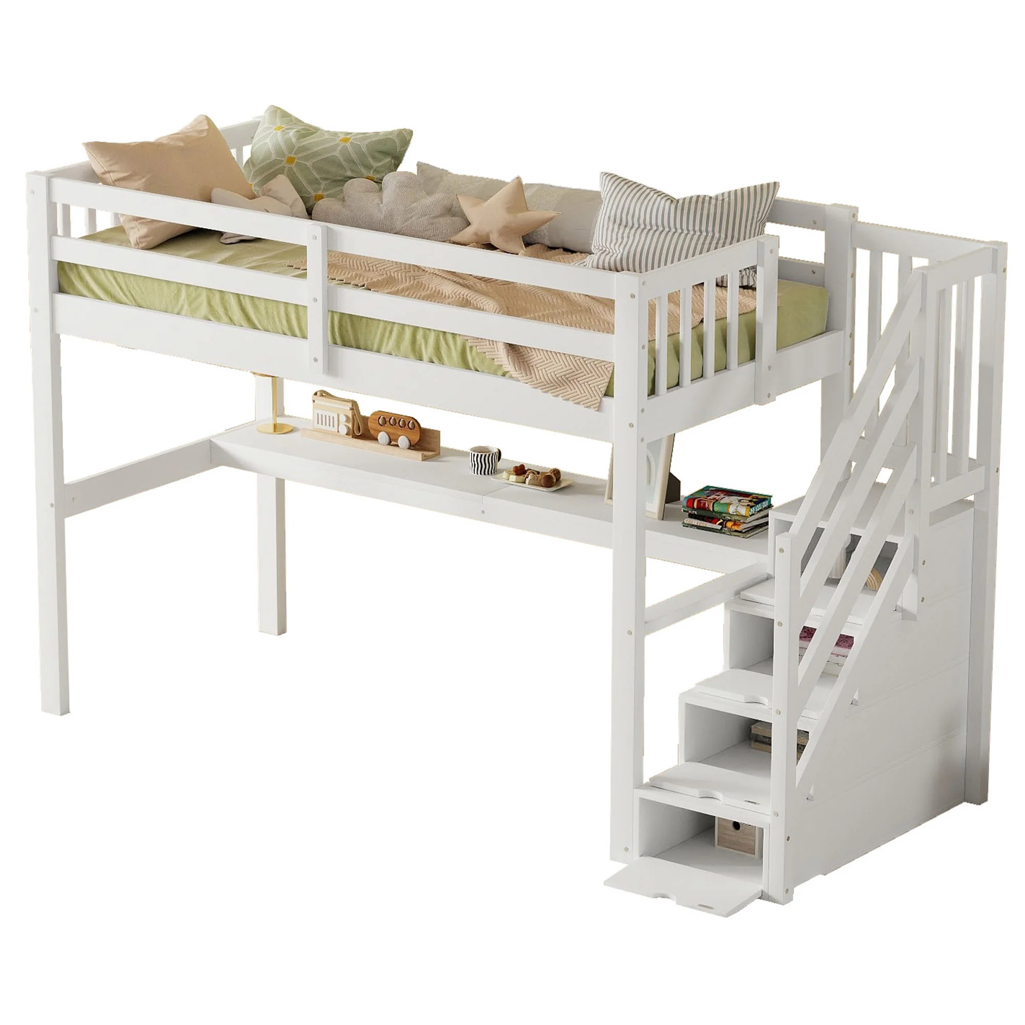 Loft Bed 90x200 Storage Drawers Under-Bed Desk - White - Image 5
