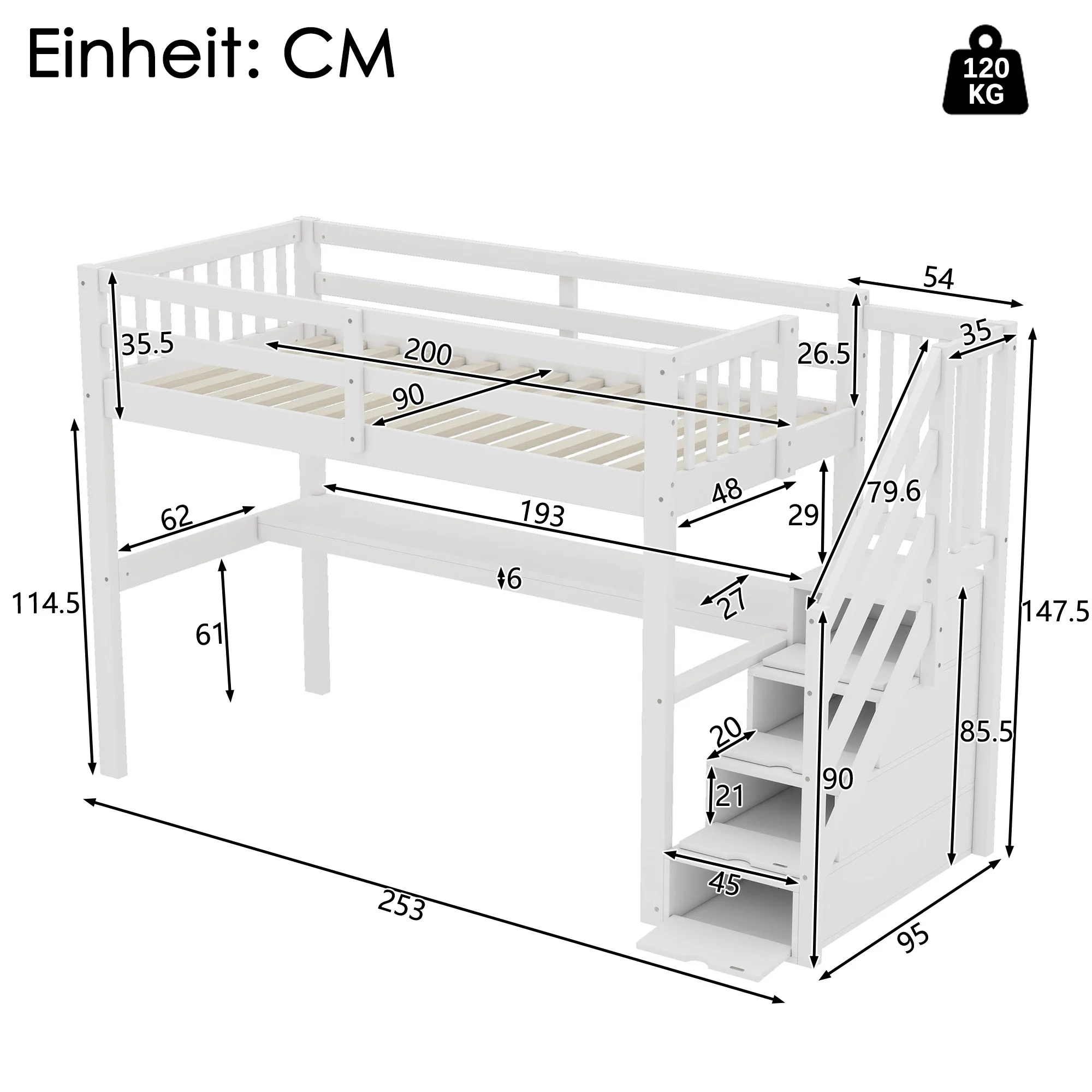 Loft Bed 90x200 Storage Drawers Under-Bed Desk - White - Image 6