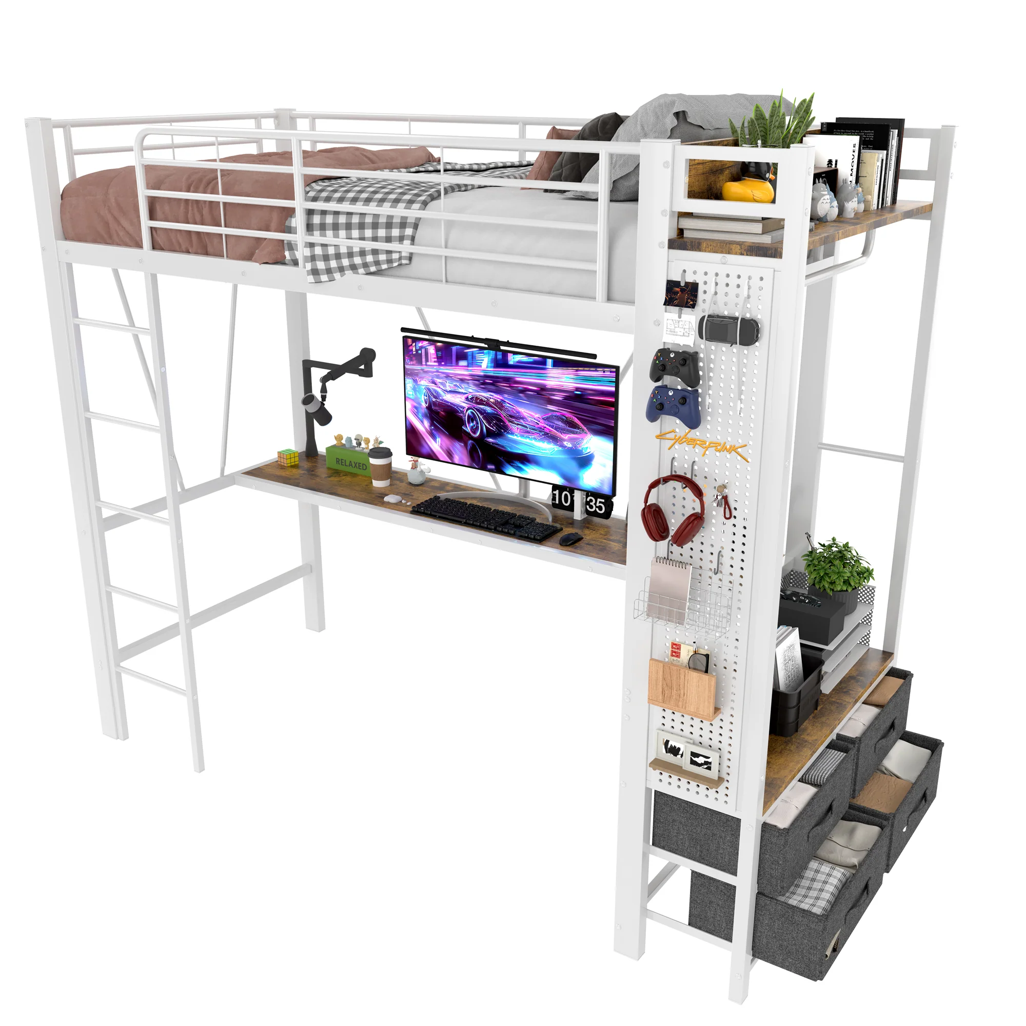 Loft Bed 90x200cm Desk 4 Drawers USB/Type-C LED Pegboard - White Iron - Image 10