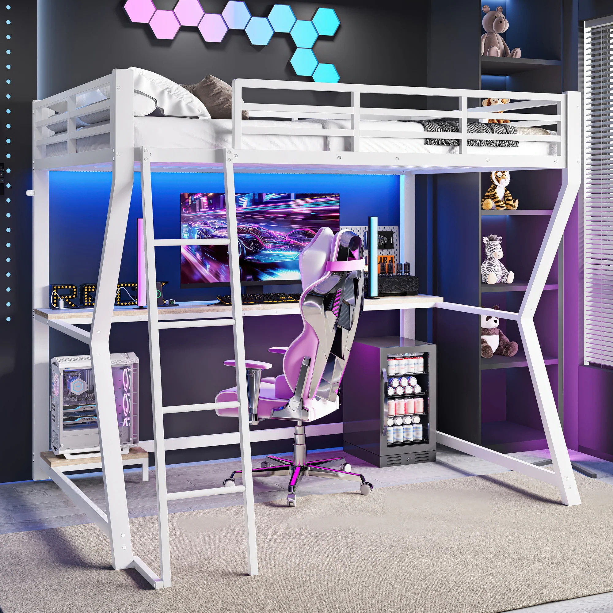 Loft Bed 90x200cm Desk LED USB Port Stairs - White - Image 9