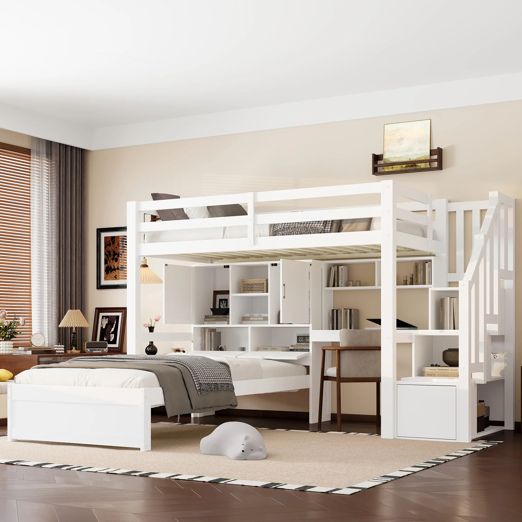 Loft Bed 90x200cm Desk Stairs Storage Shelves - White