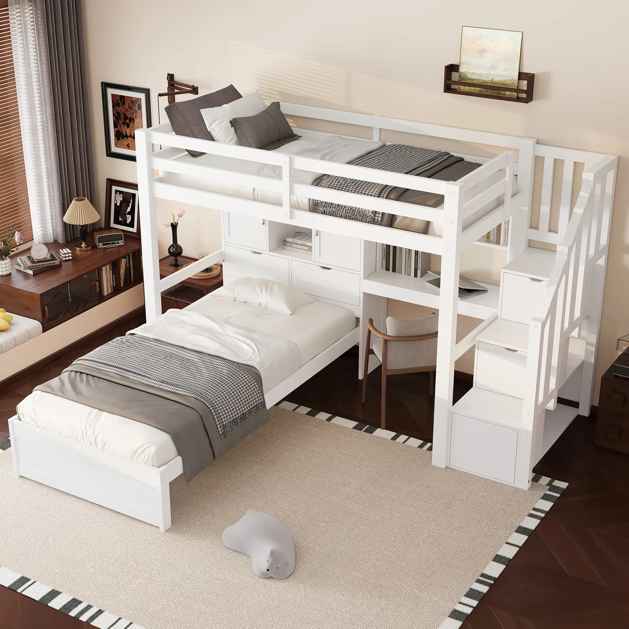 Loft Bed 90x200cm Desk Stairs Storage Shelves - White - Image 3