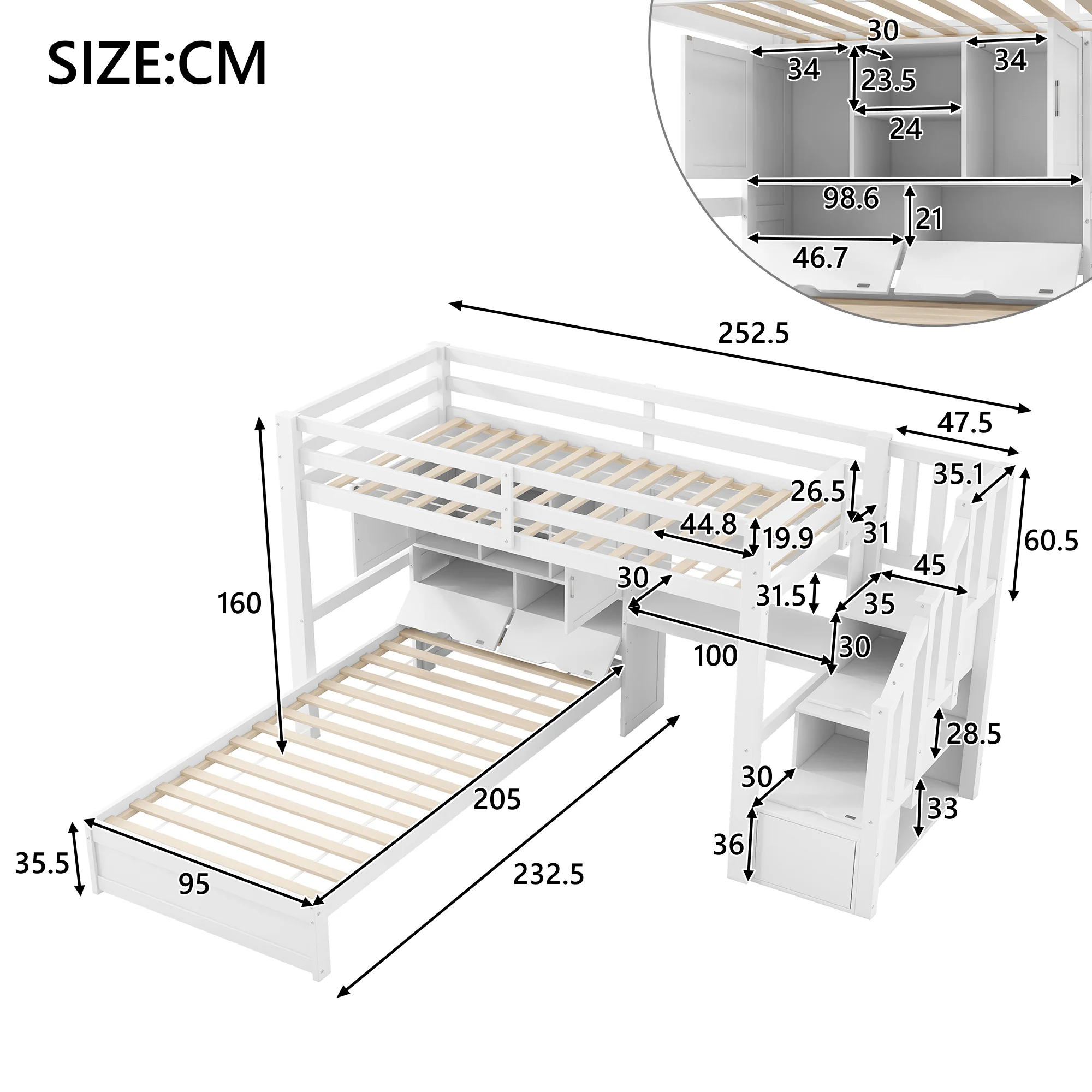 Loft Bed 90x200cm Desk Stairs Storage Shelves - White - Image 5
