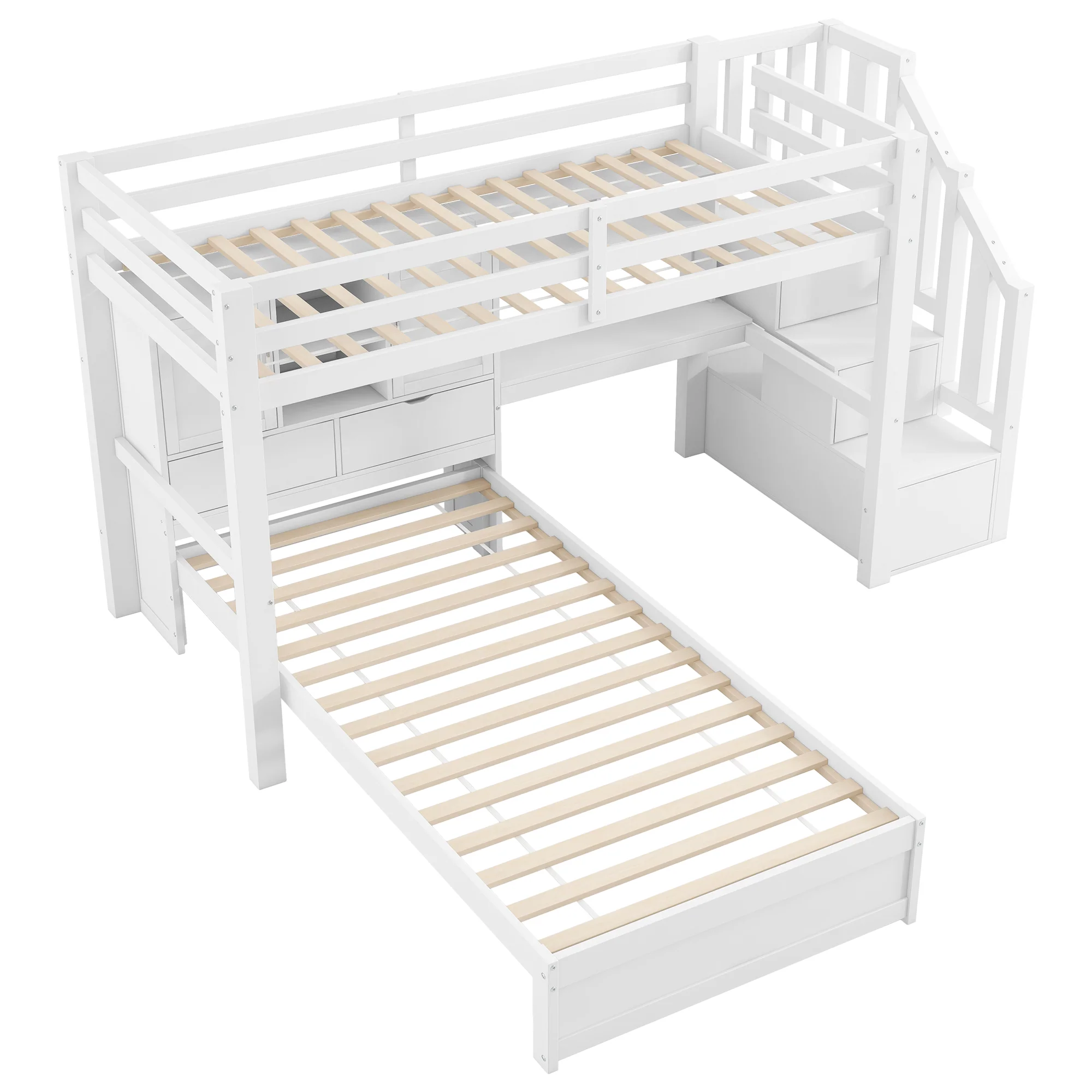Loft Bed 90x200cm Desk Stairs Storage Shelves - White - Image 6