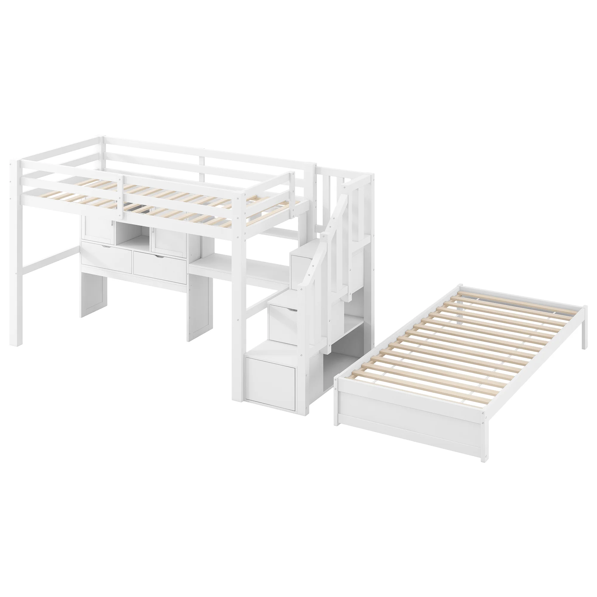 Loft Bed 90x200cm Desk Stairs Storage Shelves - White - Image 8