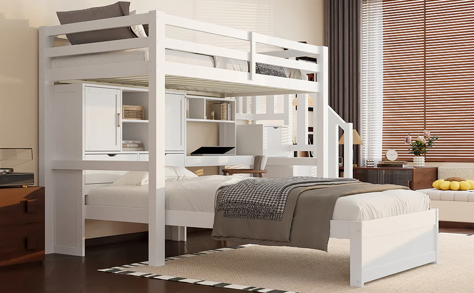 Loft Bed 90x200cm Desk Stairs Storage Shelves - White - Image 9