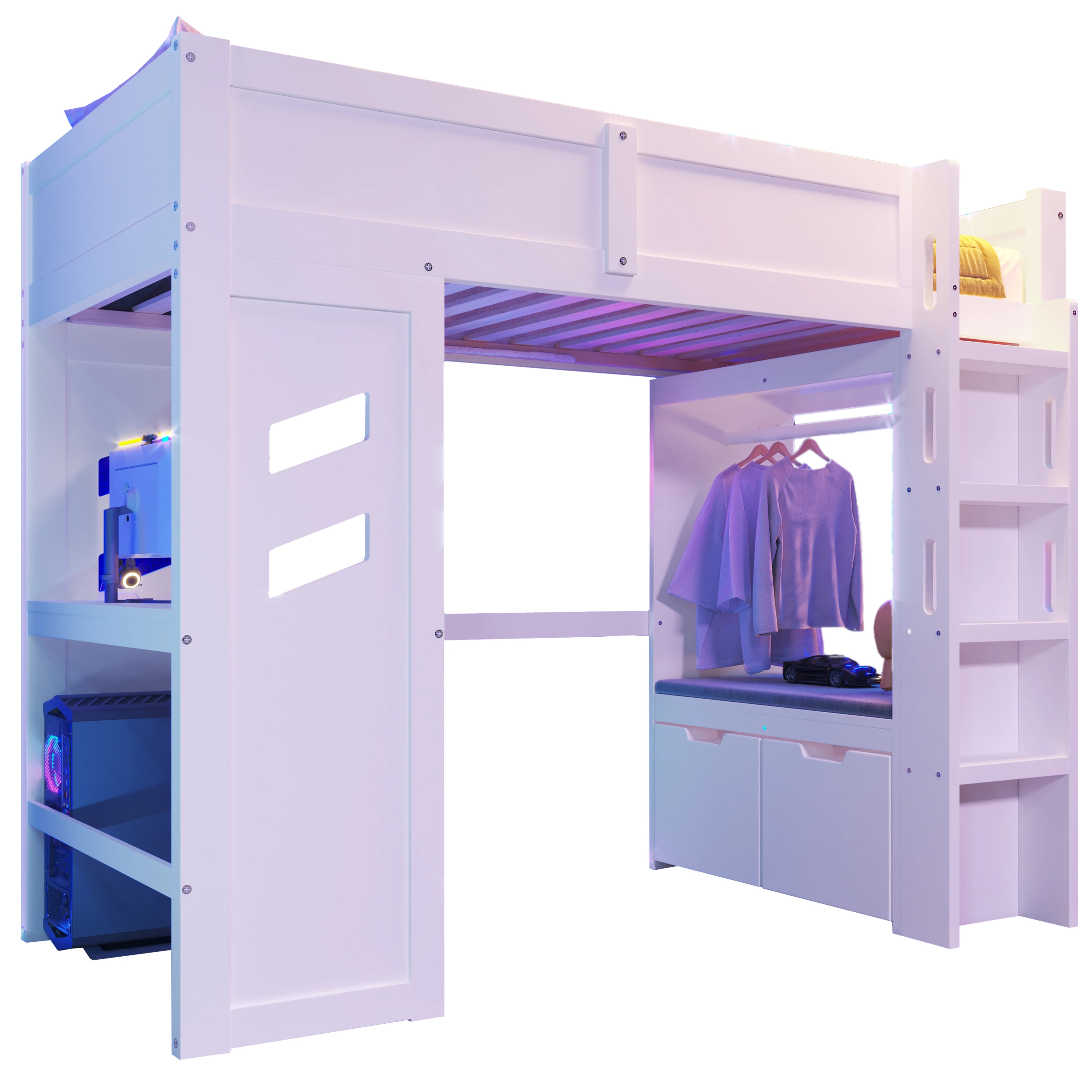 Loft Bed 90x200cm Gaming Bed Desk LED USB/Type-C Drawer Clothes Rack White - Image 10