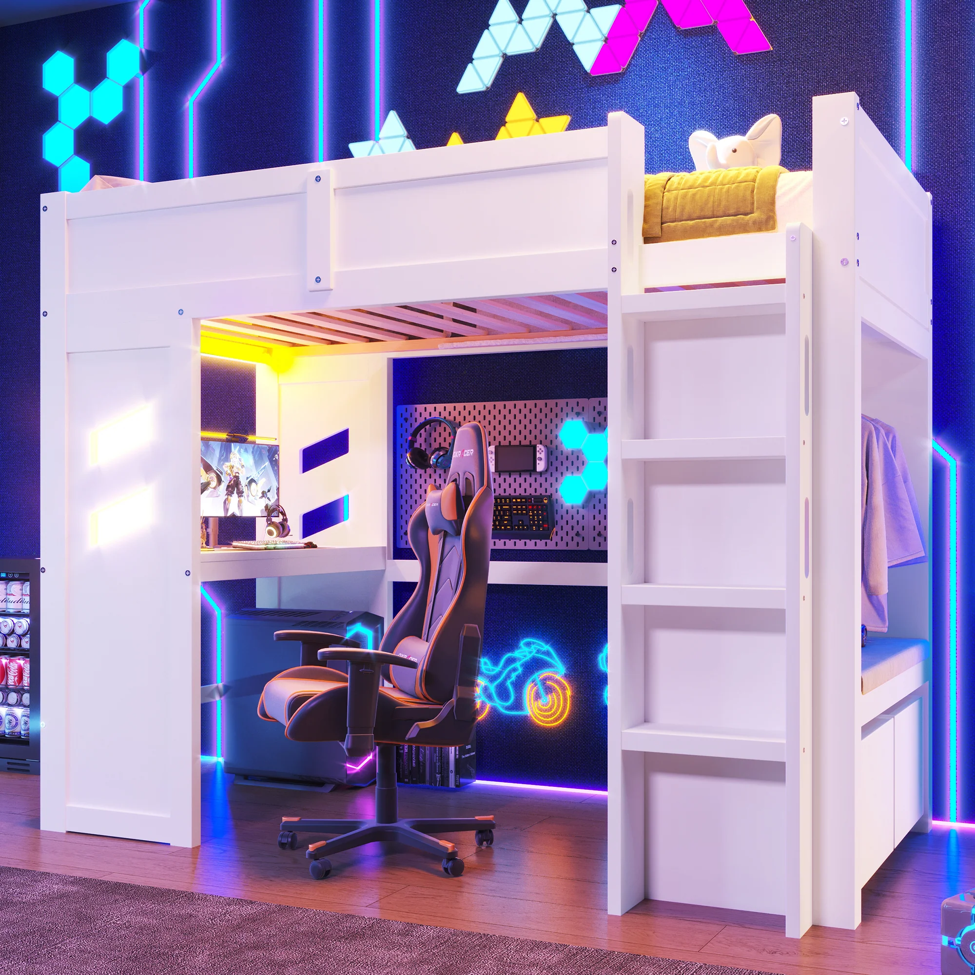 Loft Bed 90x200cm Gaming Bed Desk LED USB/Type-C Drawer Clothes Rack White - Image 3