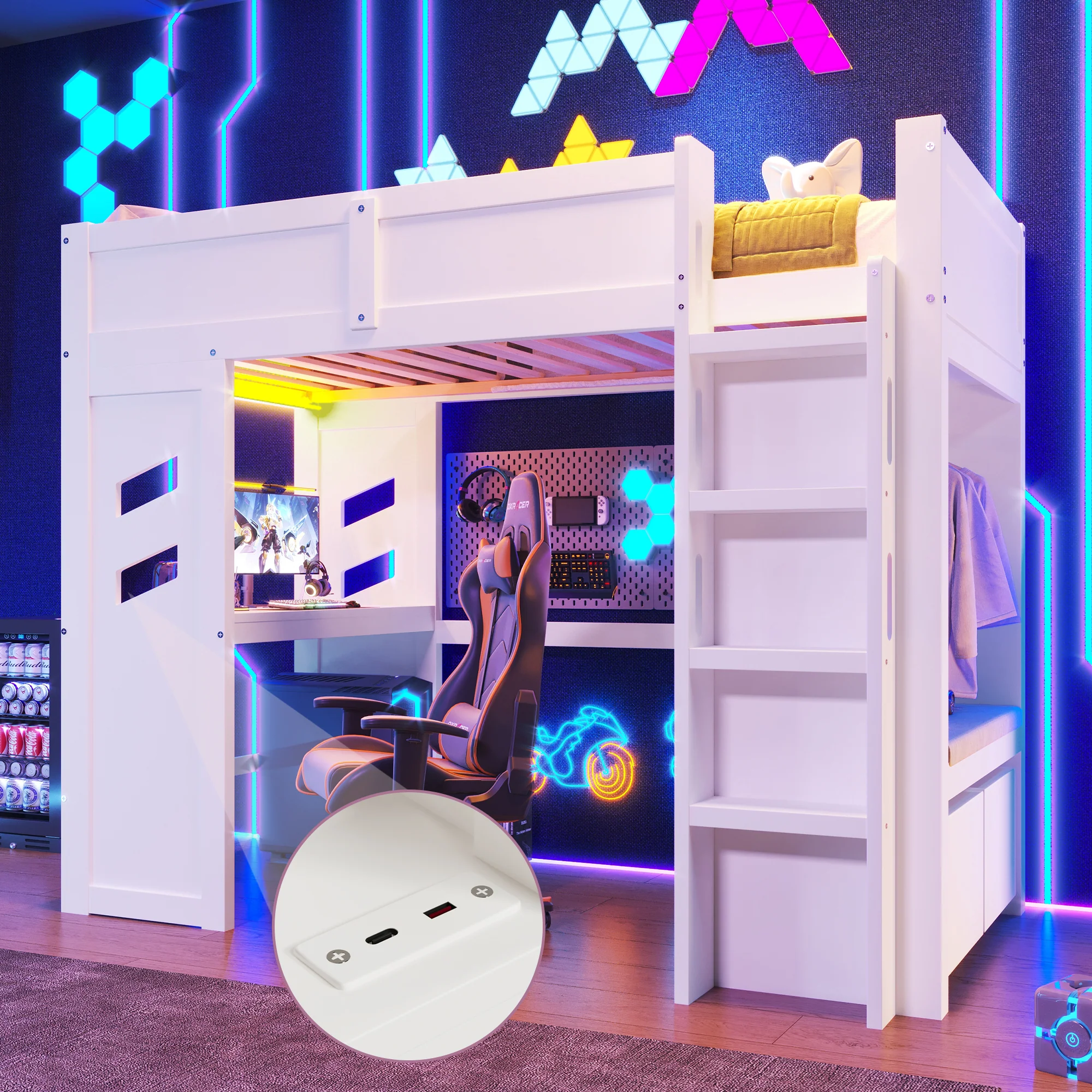 Loft Bed 90x200cm Gaming Bed Desk LED USB/Type-C Drawer Clothes Rack White - Image 7