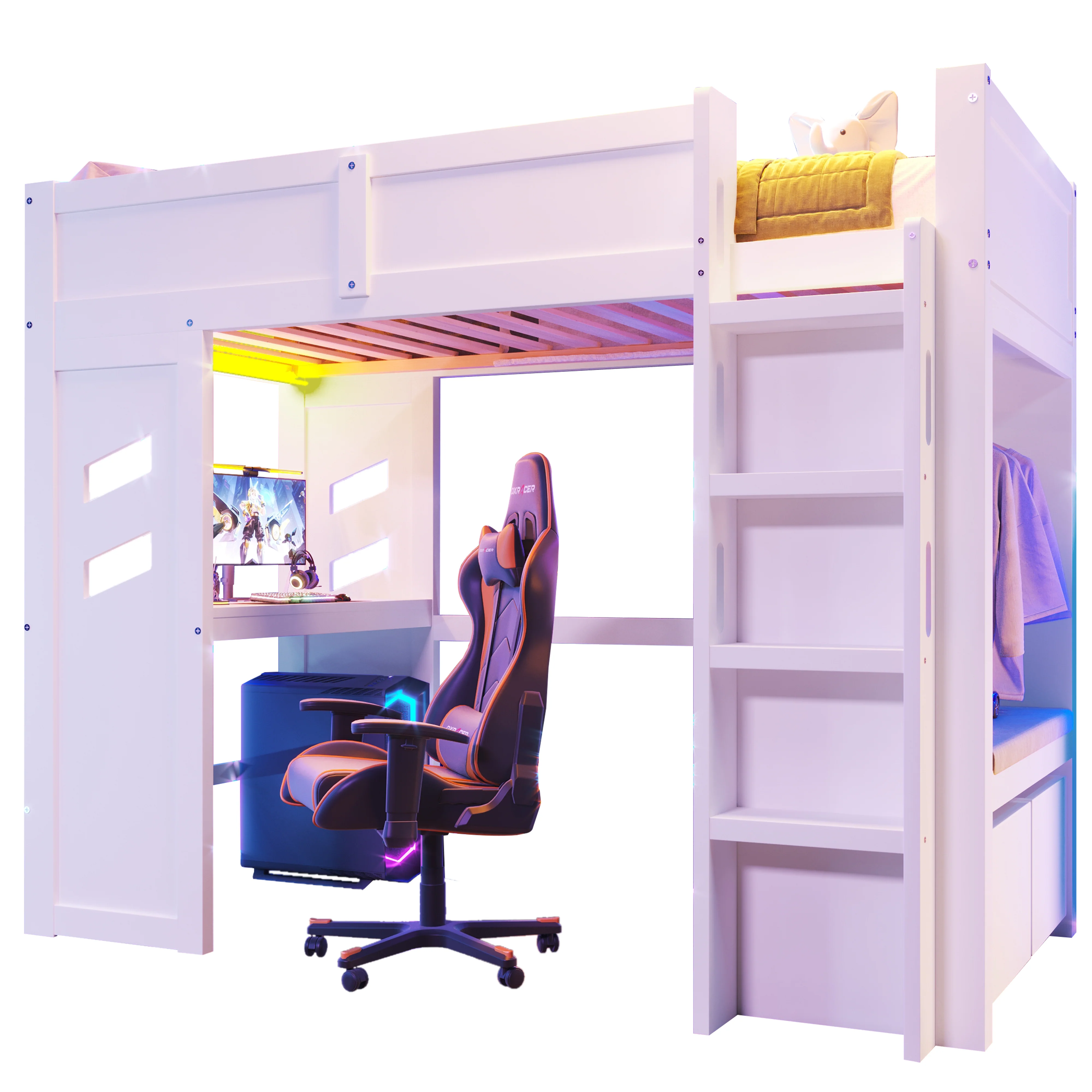 Loft Bed 90x200cm Gaming Bed Desk LED USB/Type-C Drawer Clothes Rack White - Image 9