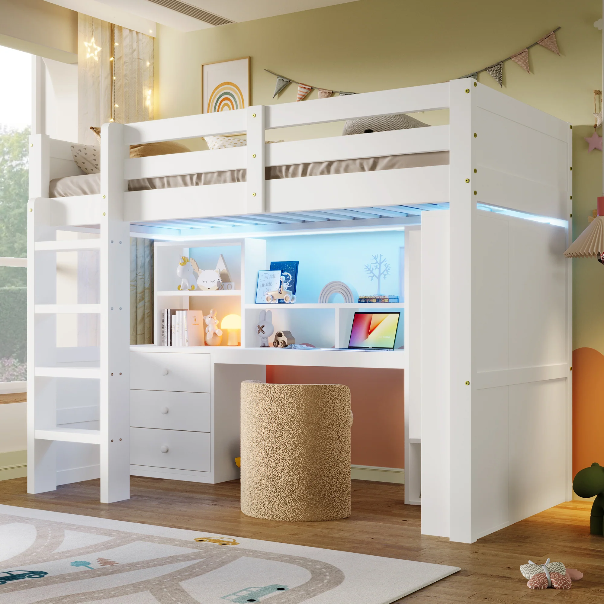 Loft Bed 90x200cm LED Wardrobe Desk Drawers Storage - White - Image 4