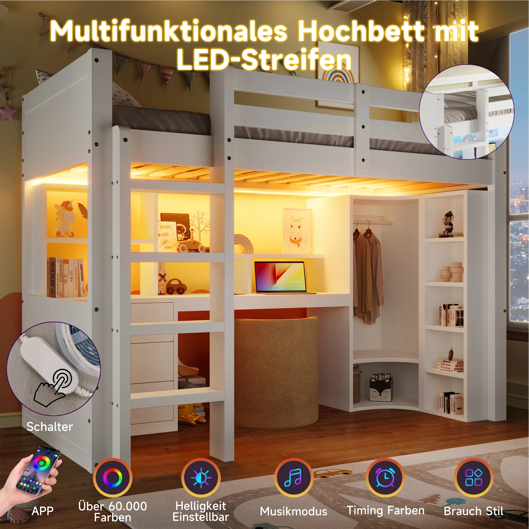 Loft Bed 90x200cm LED Wardrobe Desk Drawers Storage - White - Image 5