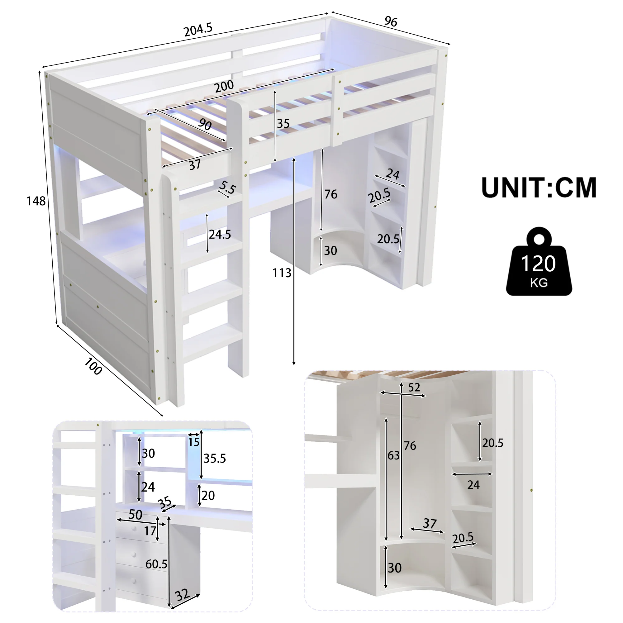Loft Bed 90x200cm LED Wardrobe Desk Drawers Storage - White - Image 7