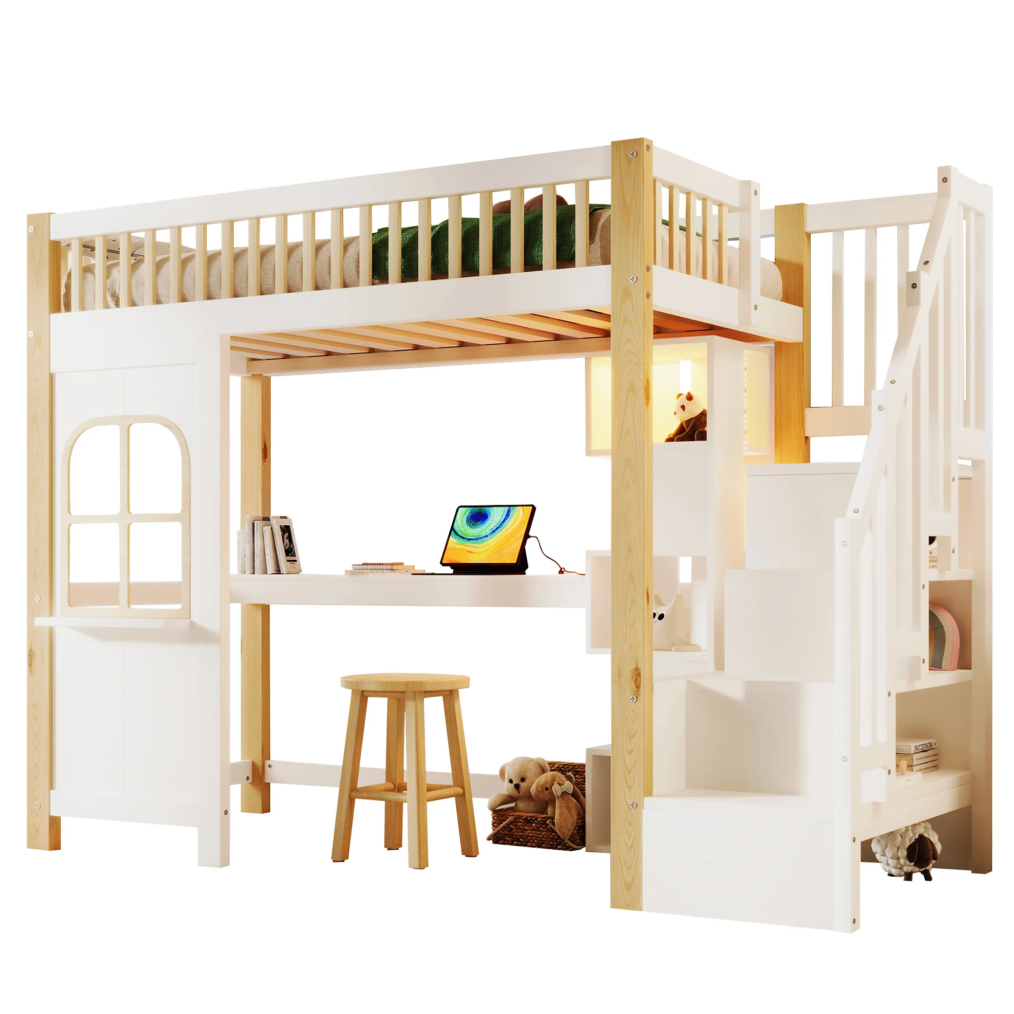 Loft Bed 90x200cm LED Window Design Desk Storage Ladder Power Outlet - White/Natural - Image 10
