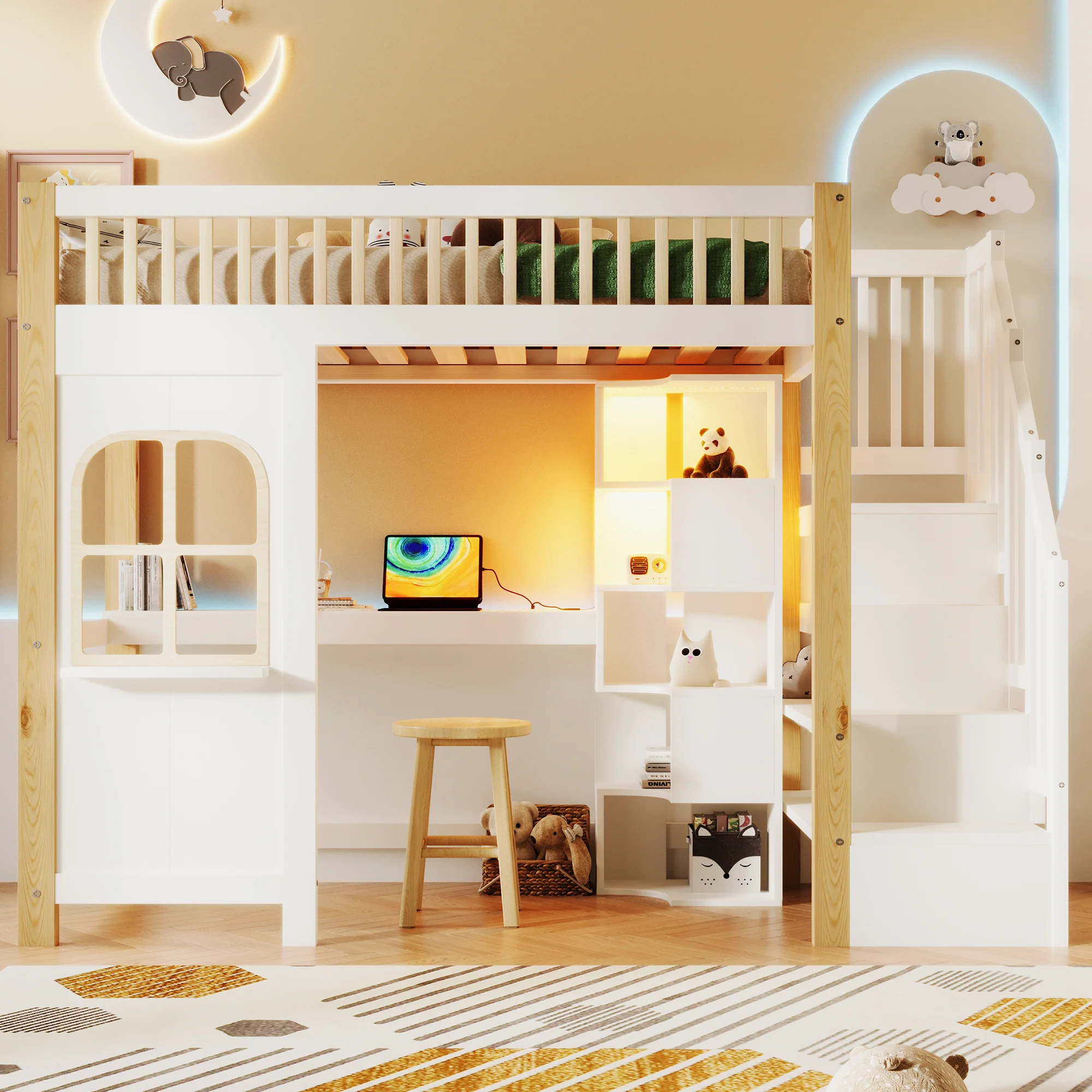 Loft Bed 90x200cm LED Window Design Desk Storage Ladder Power Outlet - White/Natural - Image 2