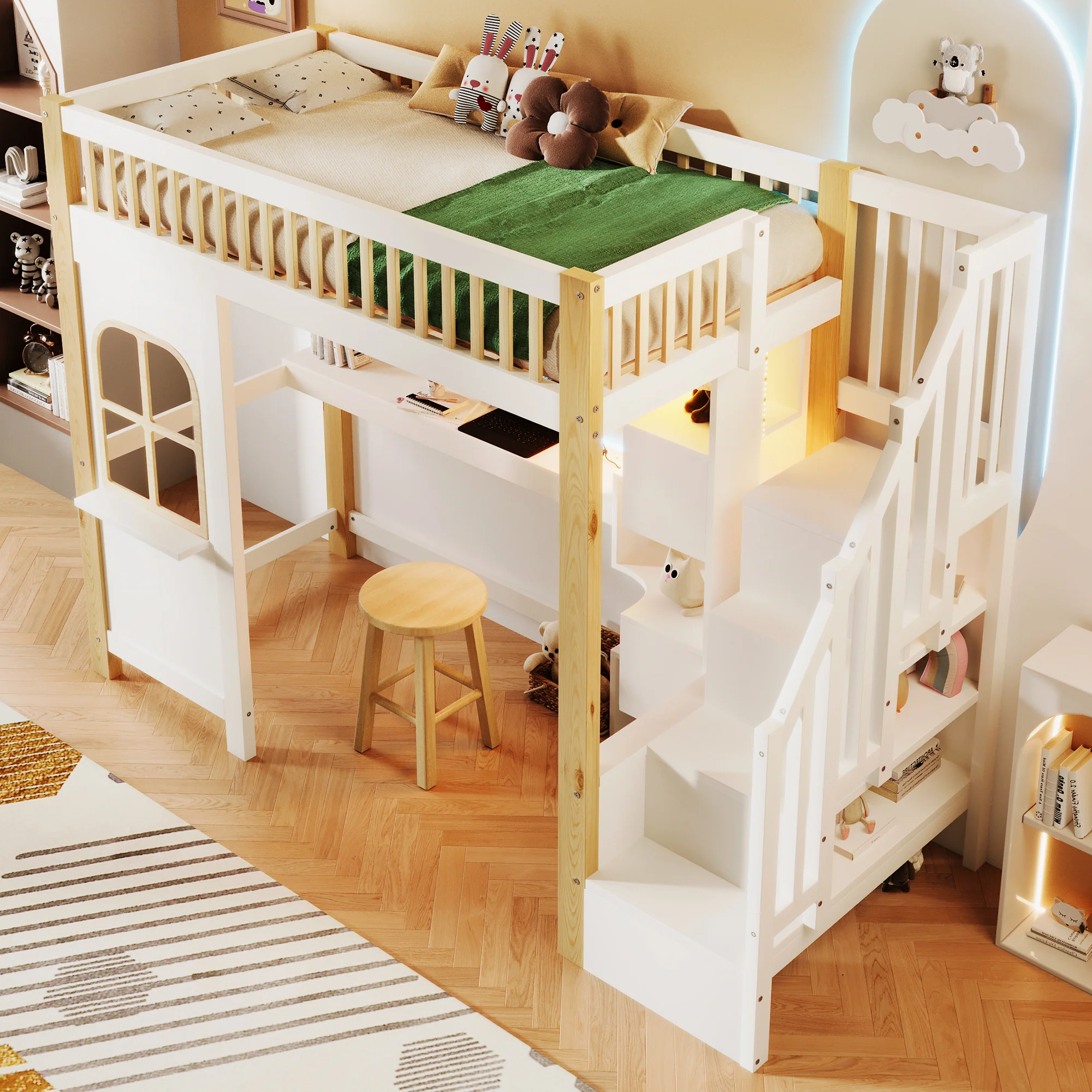 Loft Bed 90x200cm LED Window Design Desk Storage Ladder Power Outlet - White/Natural - Image 3