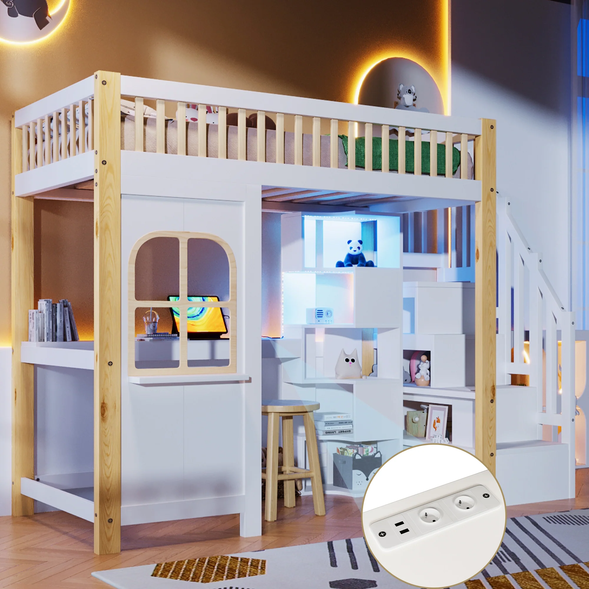 Loft Bed 90x200cm LED Window Design Desk Storage Ladder Power Outlet - White/Natural - Image 5