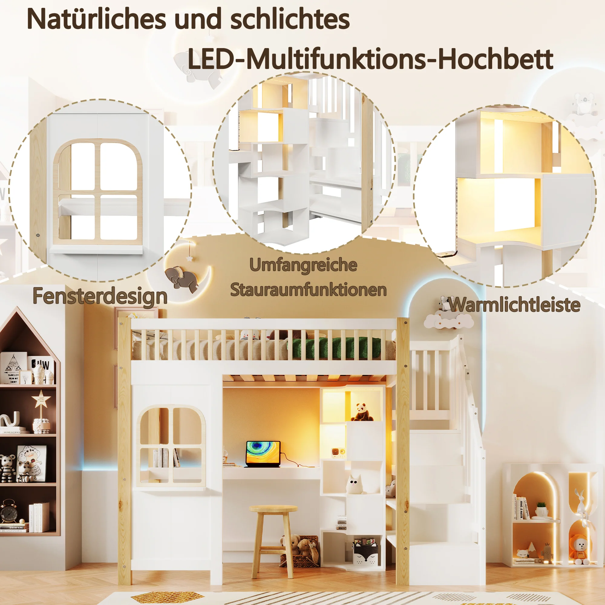 Loft Bed 90x200cm LED Window Design Desk Storage Ladder Power Outlet - White/Natural - Image 6