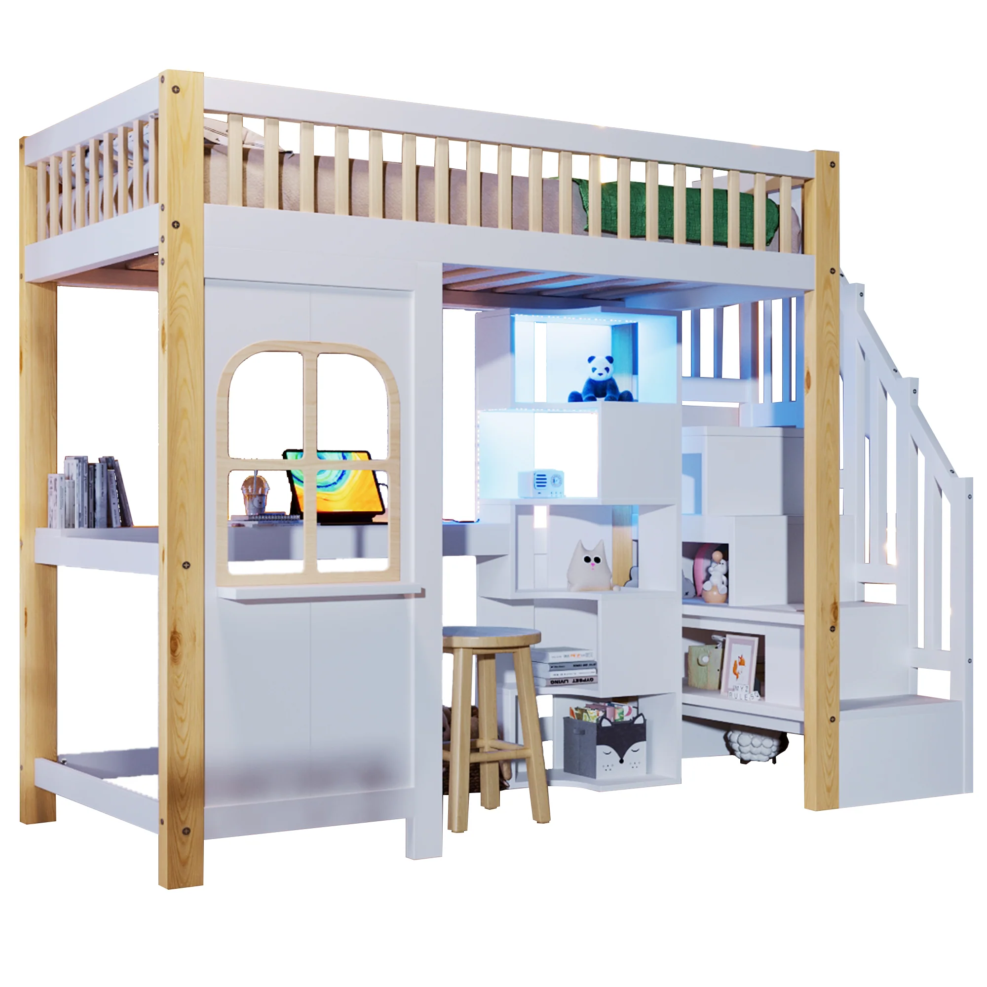 Loft Bed 90x200cm LED Window Design Desk Storage Ladder Power Outlet - White/Natural - Image 9