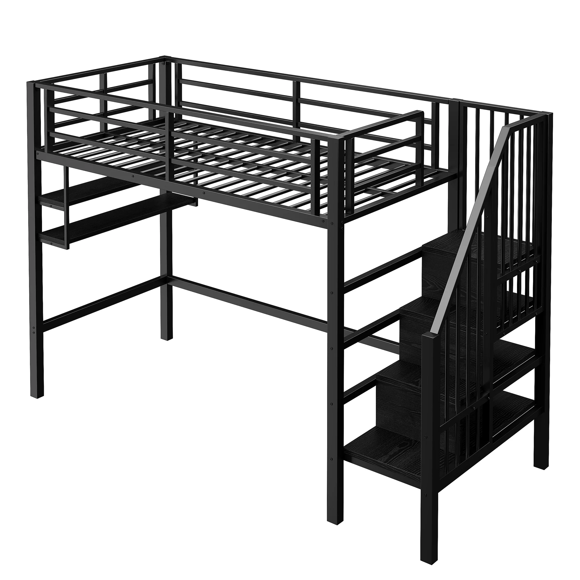 Loft Bed 90x200cm Storage Ladder Shelves Railing - Black - Image 10
