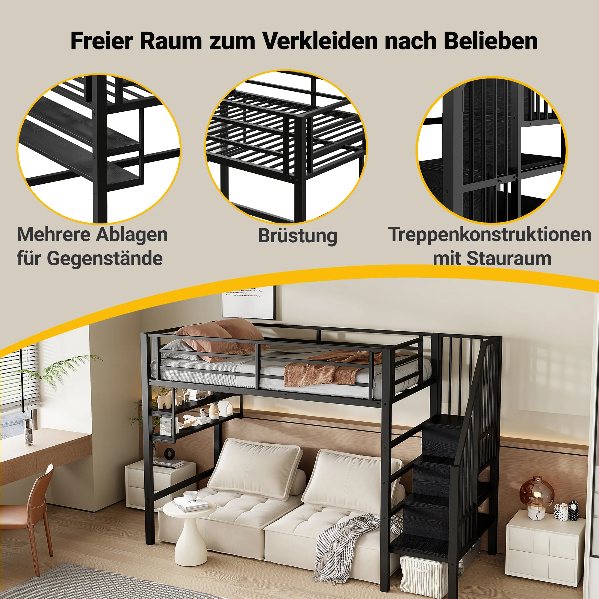 Loft Bed 90x200cm Storage Ladder Shelves Railing - Black - Image 2