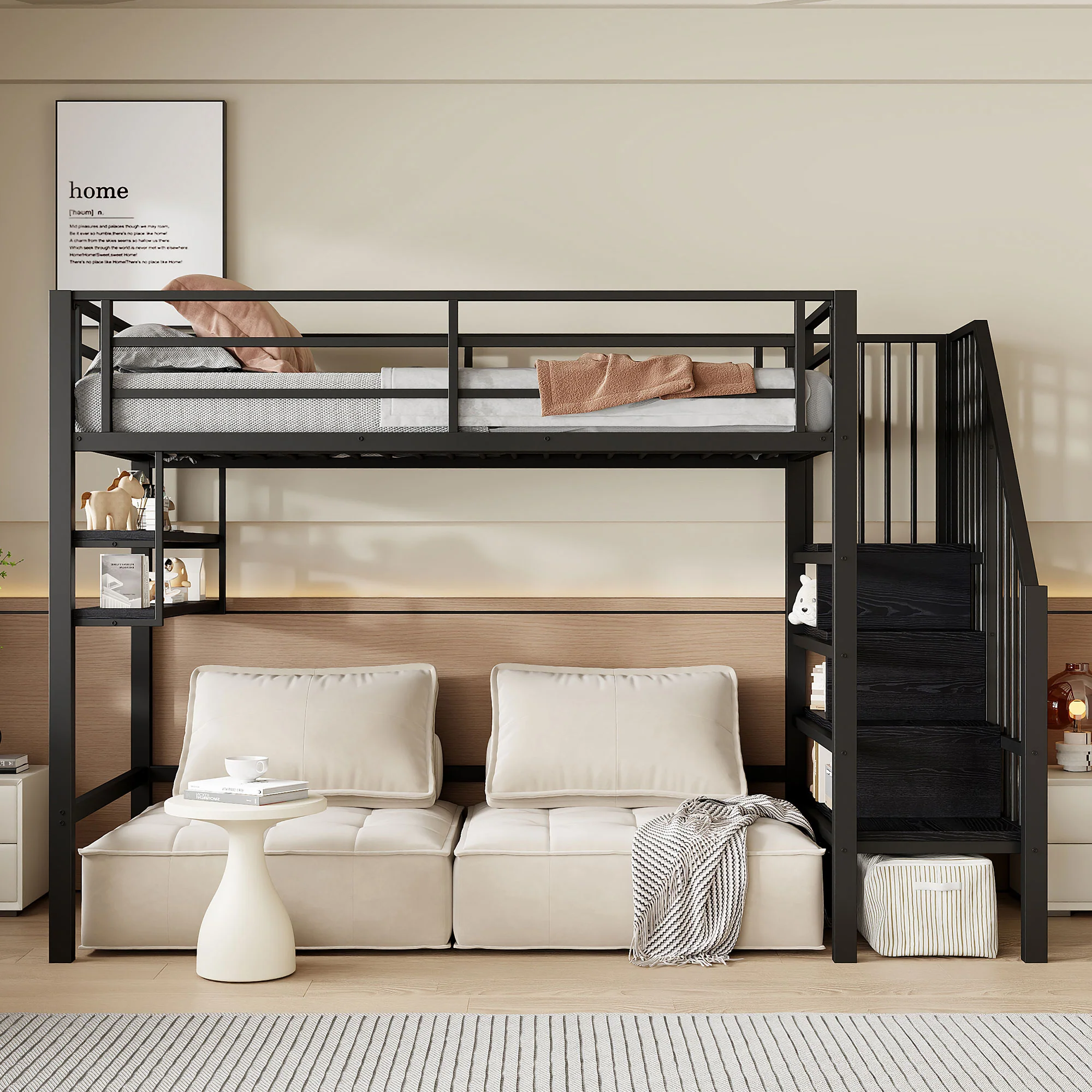 Loft Bed 90x200cm Storage Ladder Shelves Railing - Black - Image 3