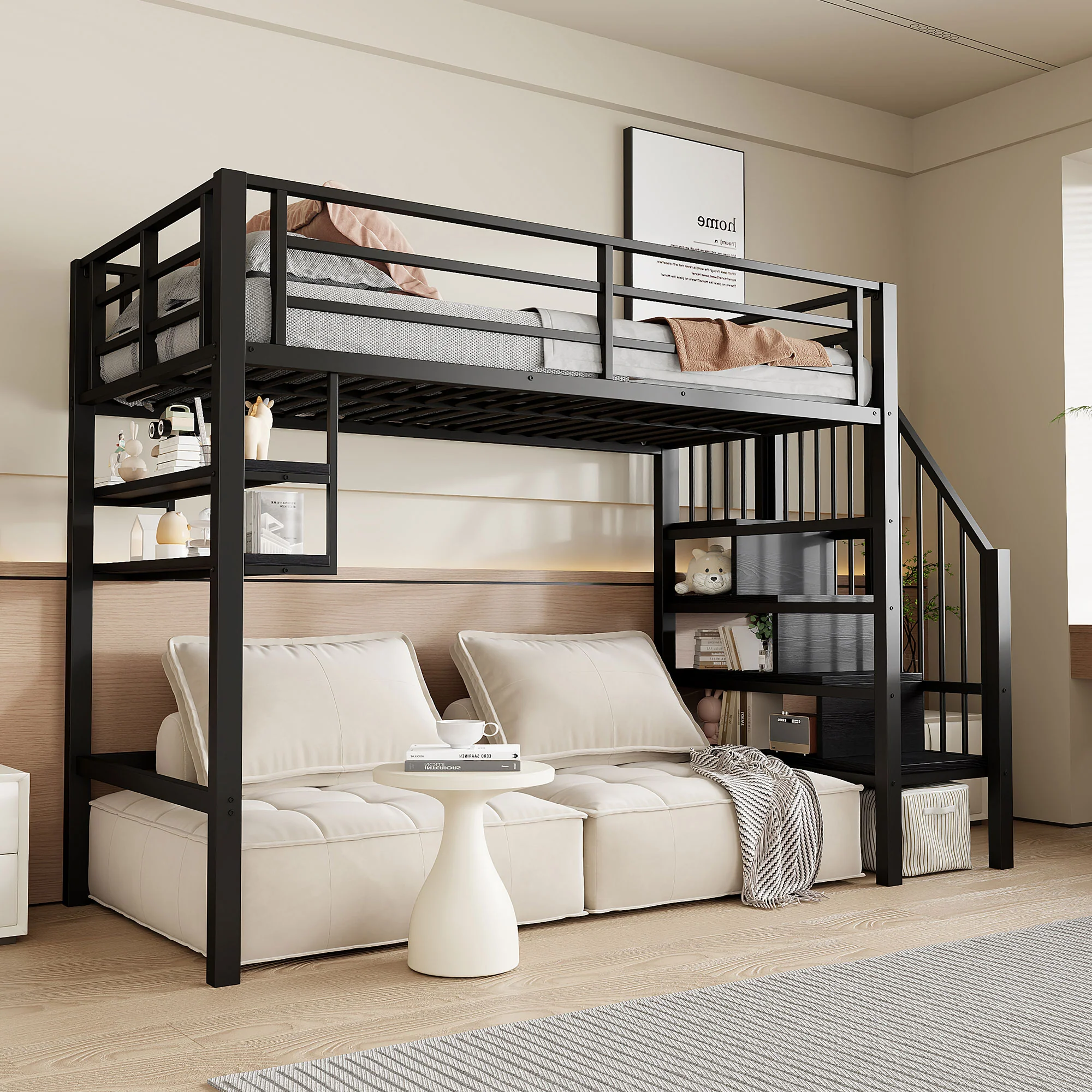 Loft Bed 90x200cm Storage Ladder Shelves Railing - Black - Image 4