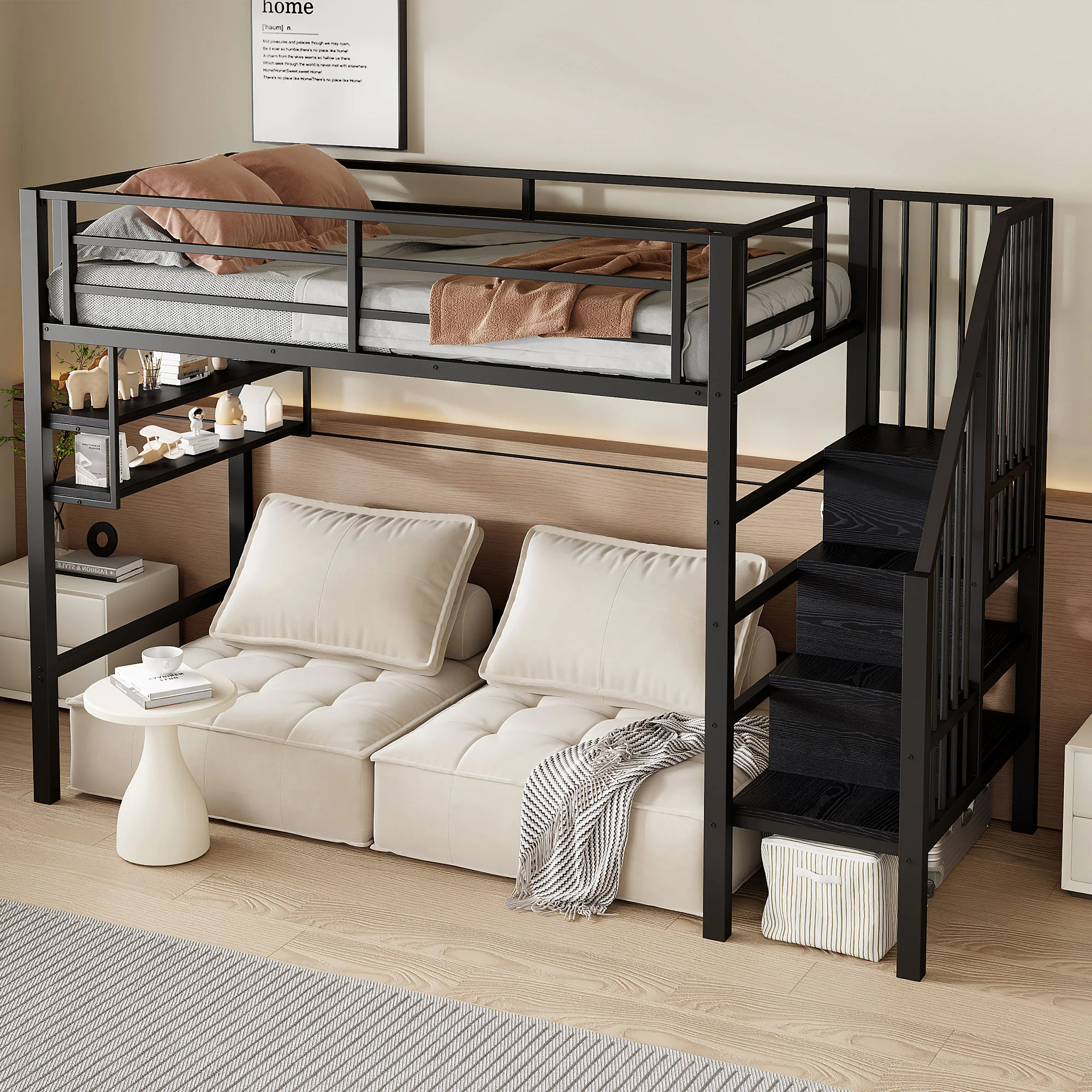 Loft Bed 90x200cm Storage Ladder Shelves Railing - Black - Image 5