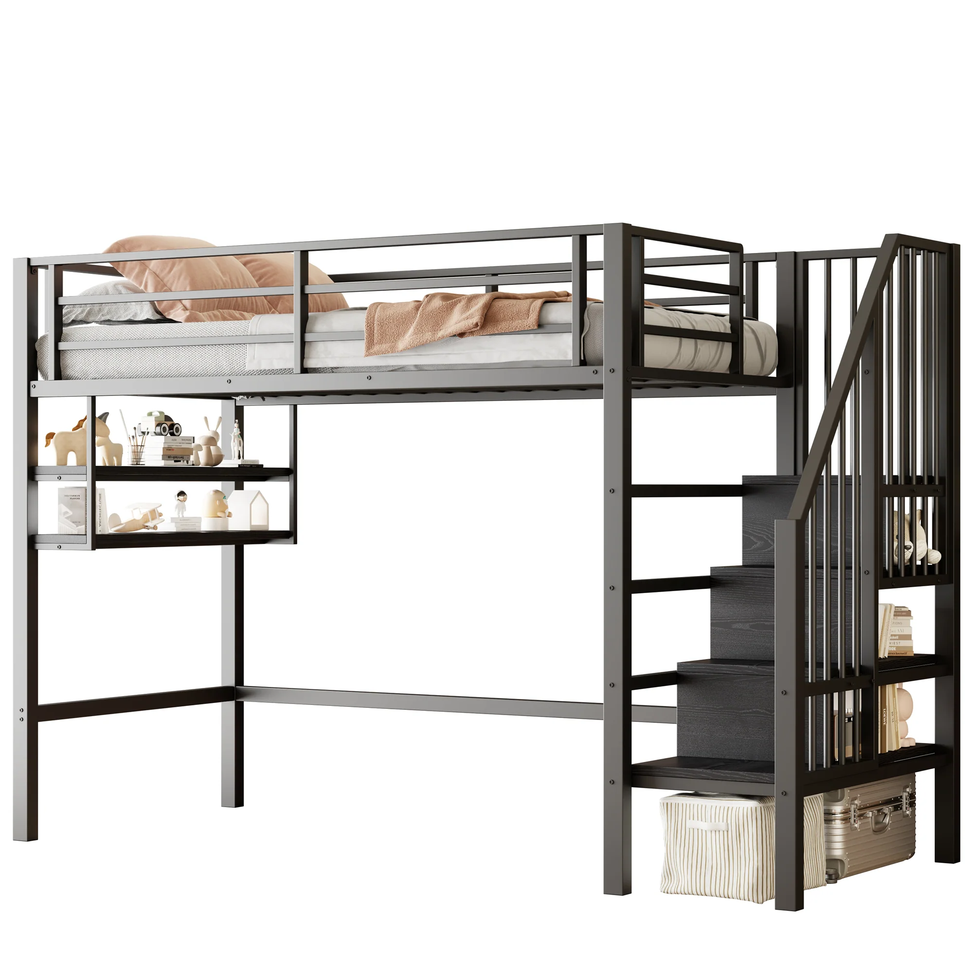 Loft Bed 90x200cm Storage Ladder Shelves Railing - Black - Image 6
