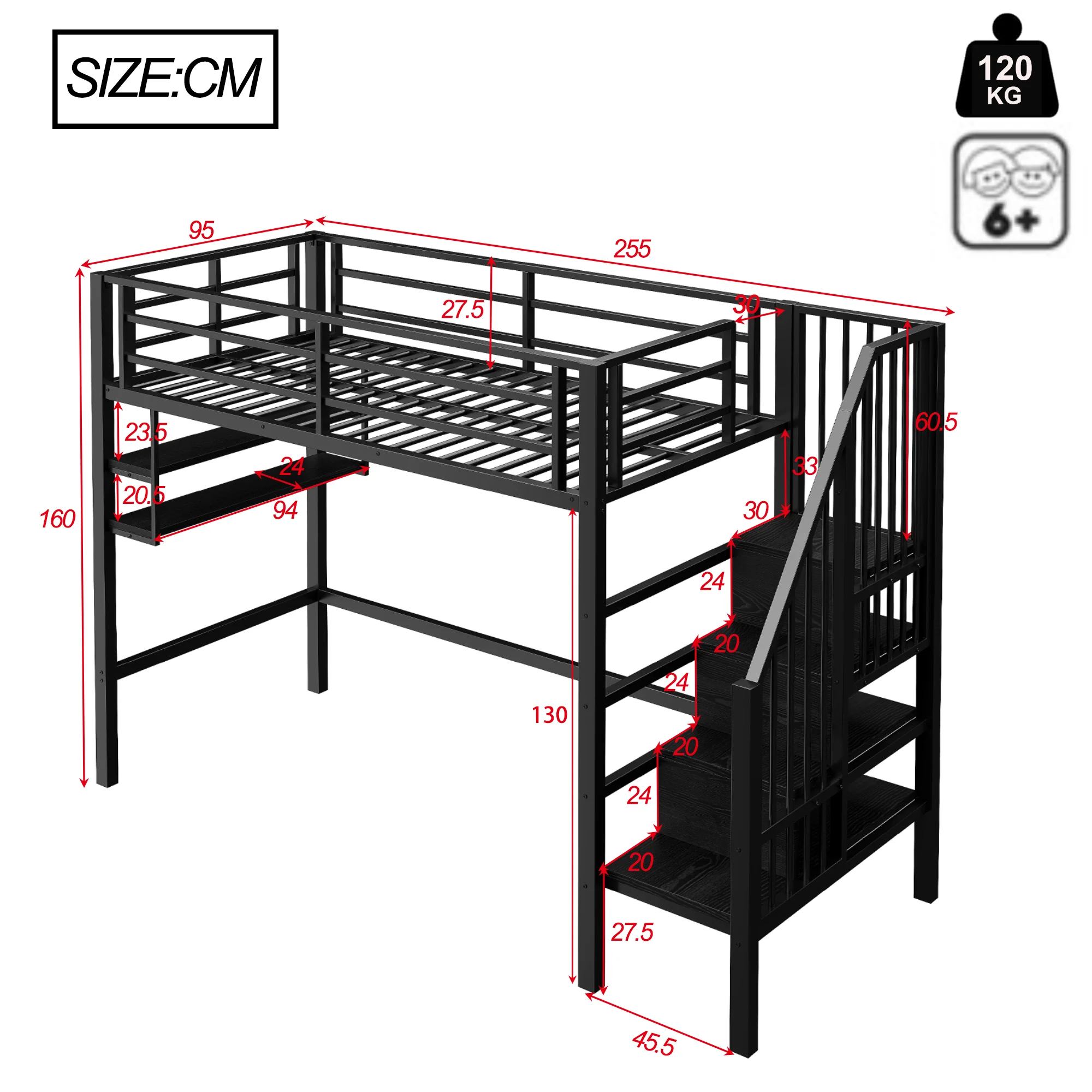 Loft Bed 90x200cm Storage Ladder Shelves Railing - Black - Image 7