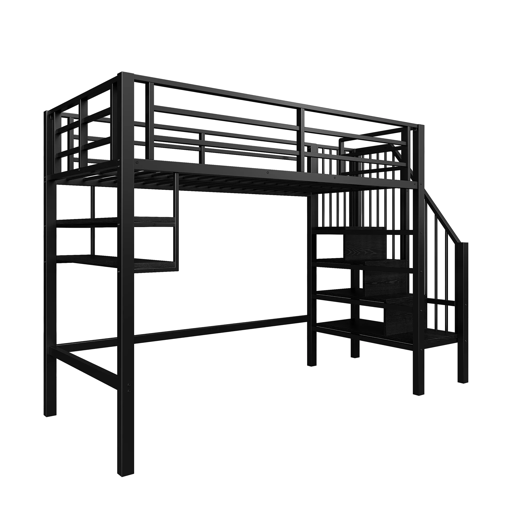 Loft Bed 90x200cm Storage Ladder Shelves Railing - Black - Image 8