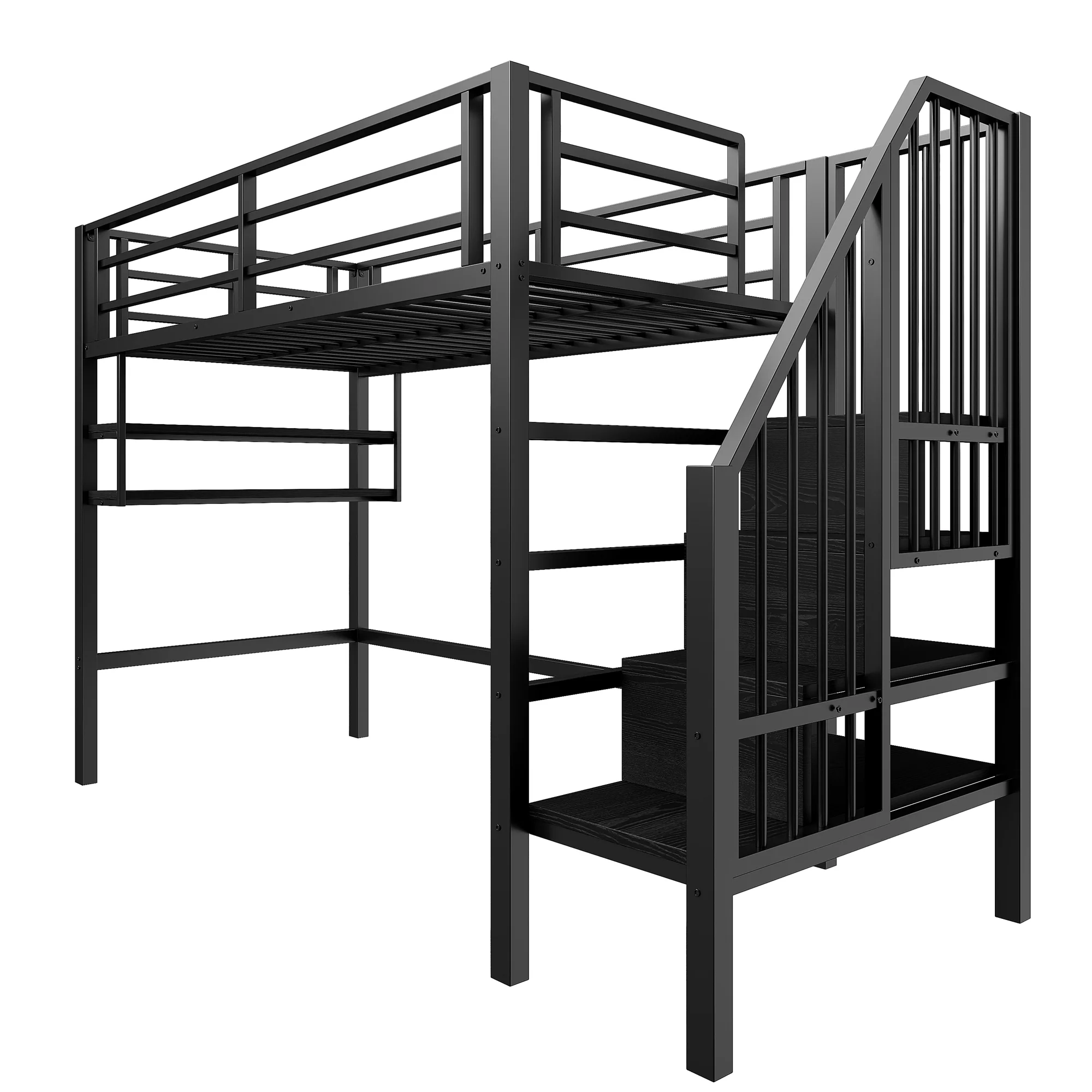 Loft Bed 90x200cm Storage Ladder Shelves Railing - Black - Image 9
