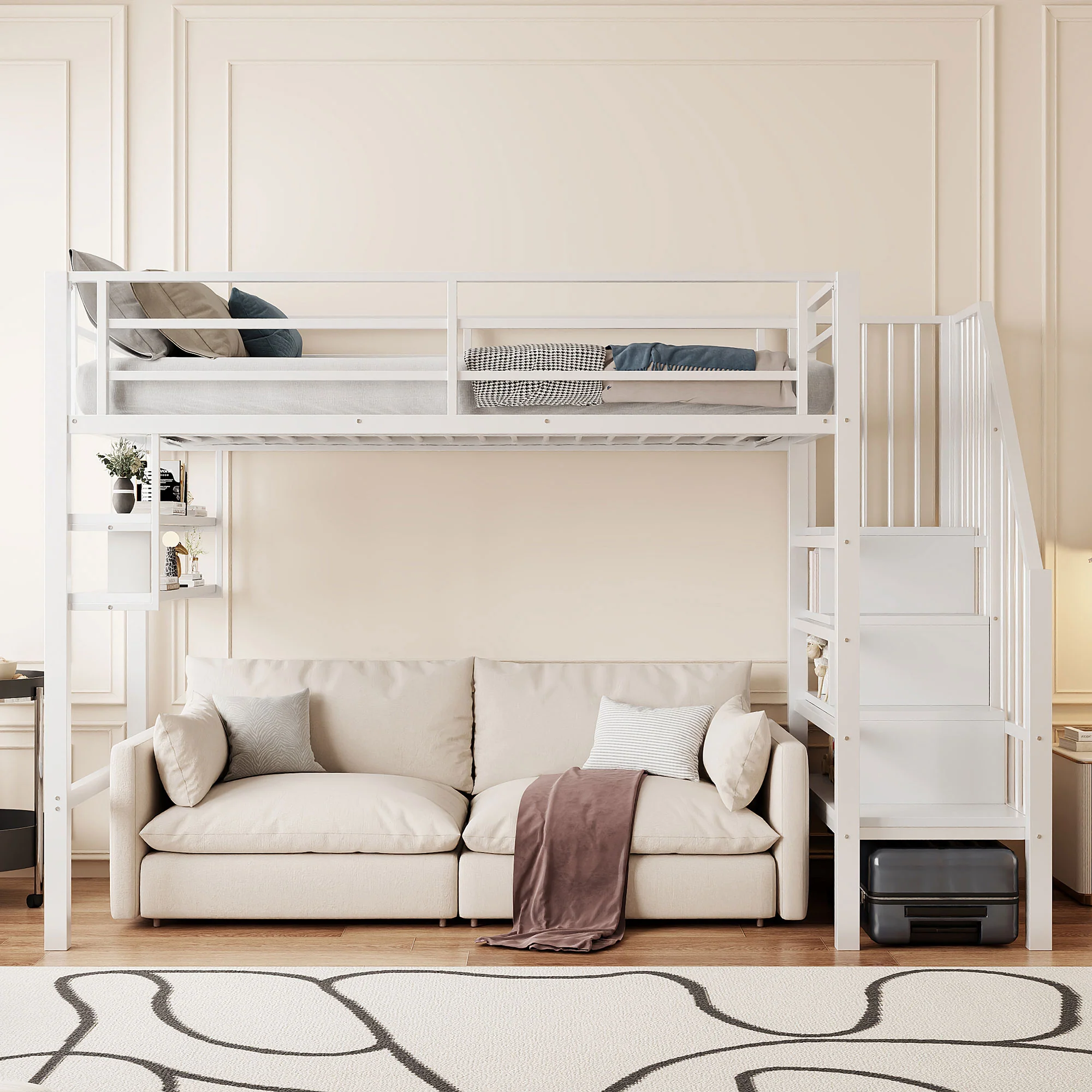 Loft Bed 90x200cm Storage Ladder Shelves - White - Image 3